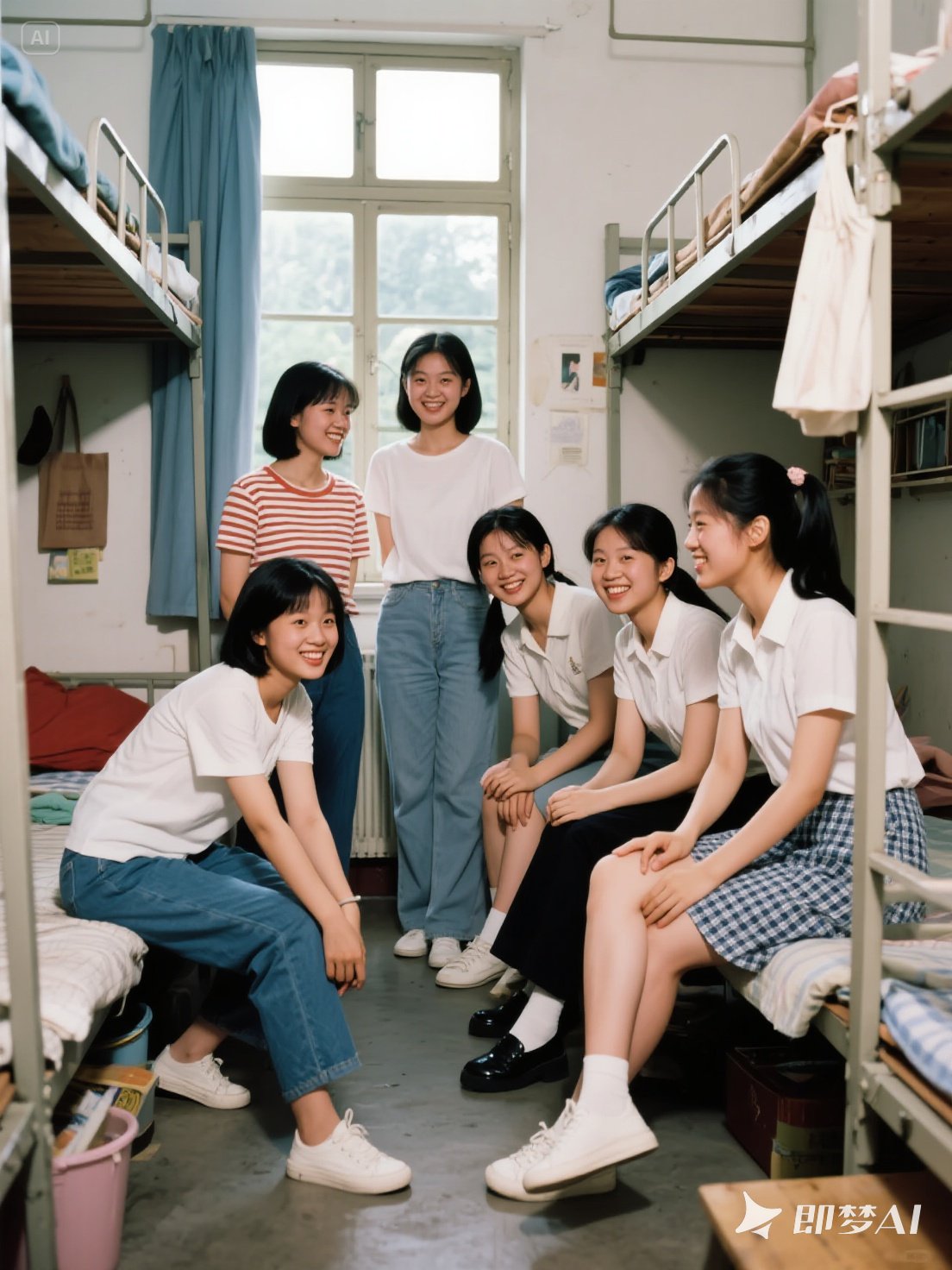 几个女生围坐在一起,有人抱着卡带机轻轻哼唱,有