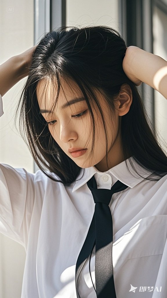 她身着白色衬衫,系着黑色领带,长发披肩,略显凌乱地垂落胸前