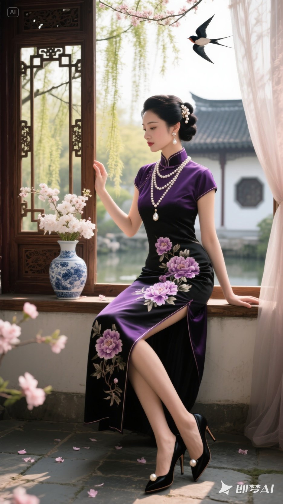 女子着黑色丝绸旗袍,牡丹刺绣精致,珠饰优雅.她眉眼如画,身姿