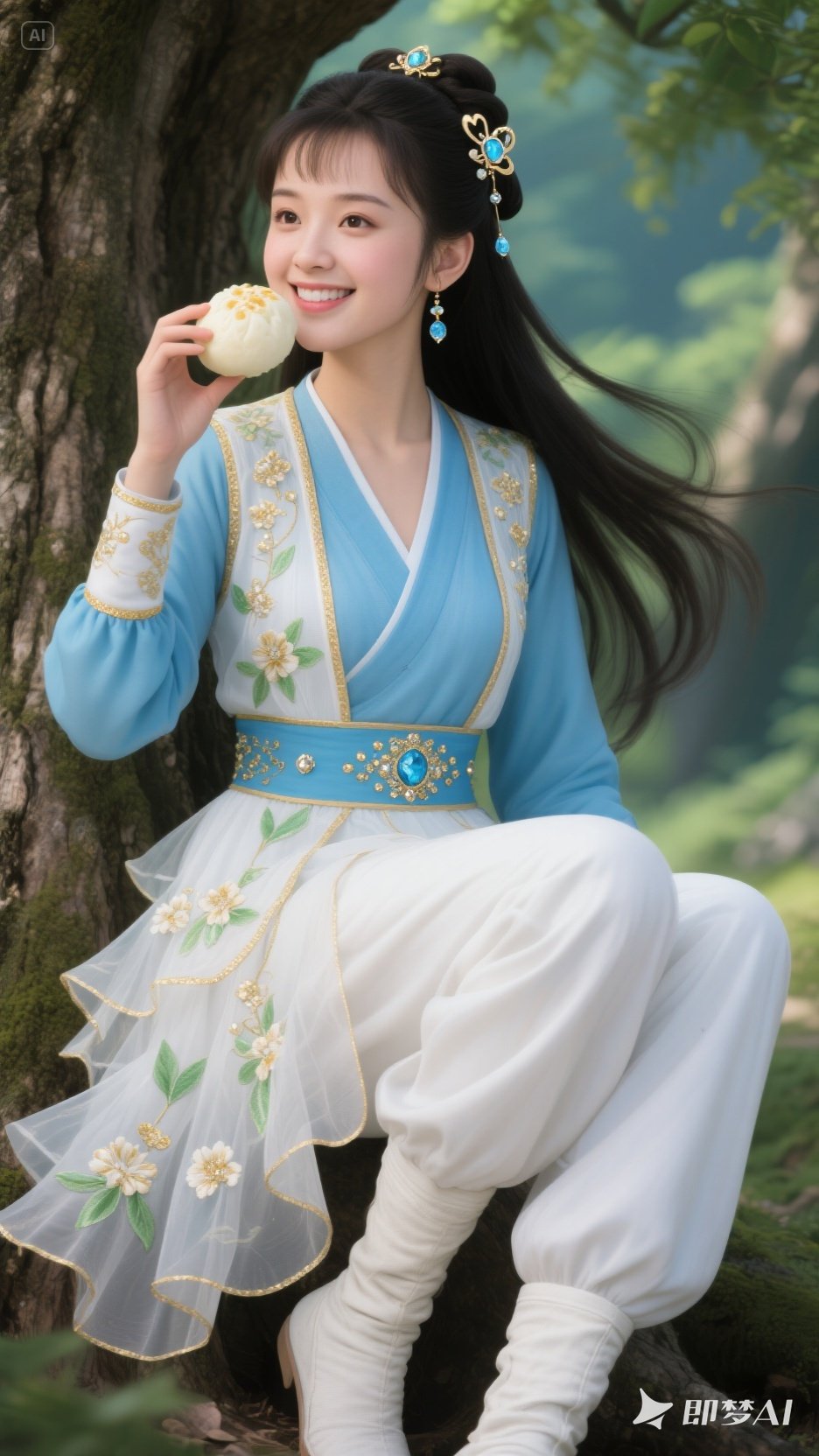 云鬓间金饰钻石交辉,耳畔蓝白宝石耳环闪耀