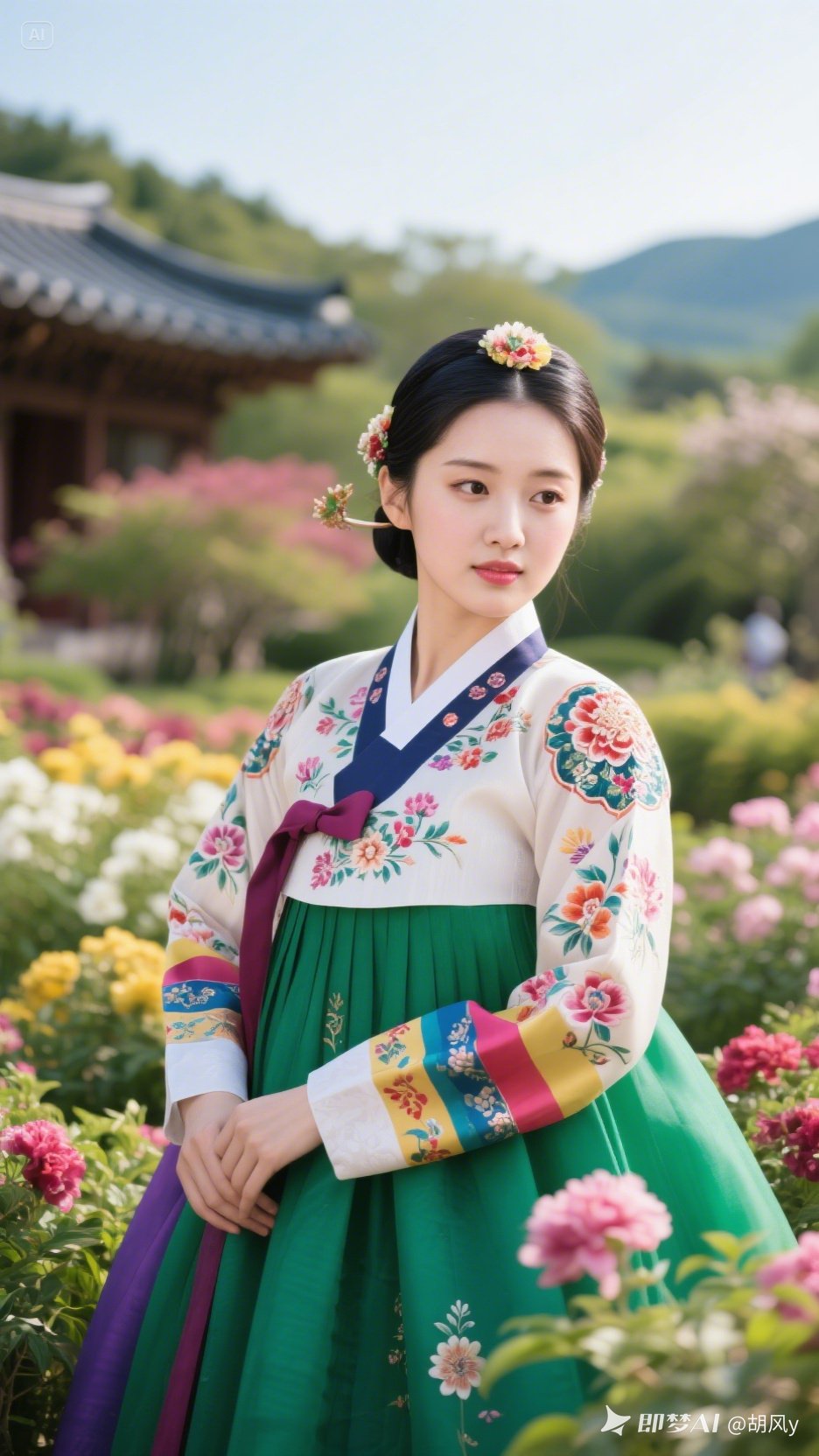 身着传统朝鲜族服饰的女子亭亭玉立