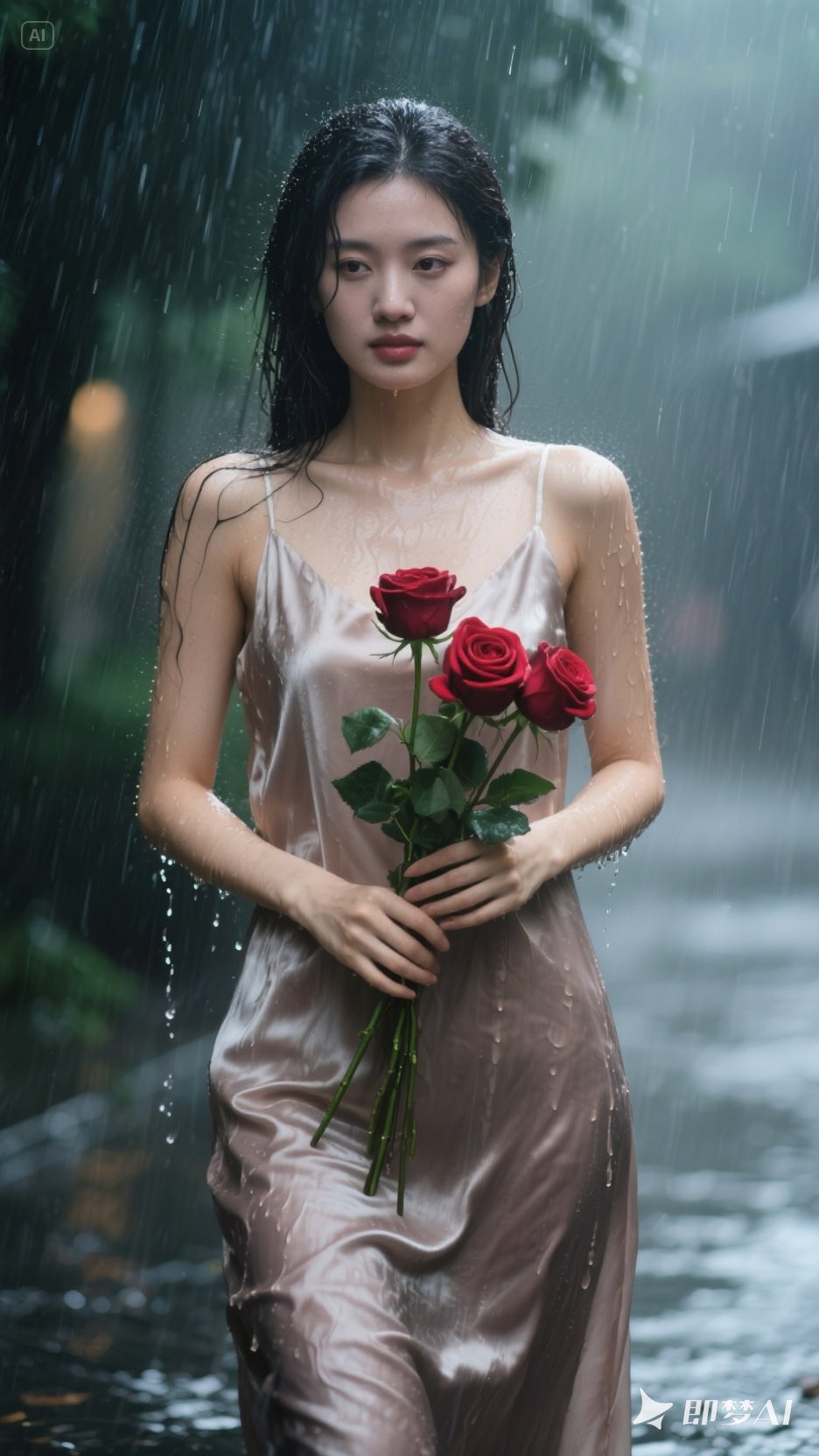 女性立于大雨中,真丝连衣裙贴身,勾勒曼妙身姿,雨水顺