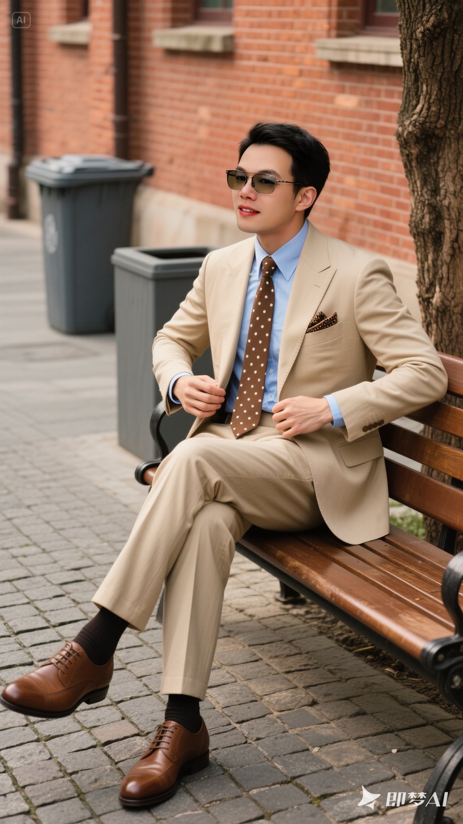 墨镜遮面的男士,身着浅卡其色西装套装,内搭浅蓝色衬衫,棕色波点领带