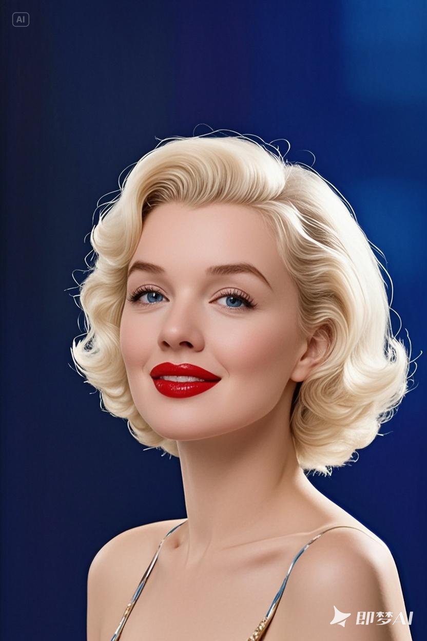 —梦露,她经典卷发泛着柔金光泽,红唇明艳似永不褪色的
