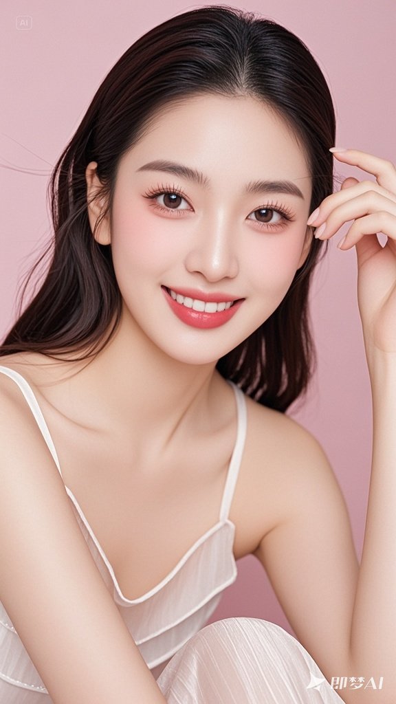 指尖轻触发梢,笑意漫上眉眼,清透妆容衬得肌肤似瓷