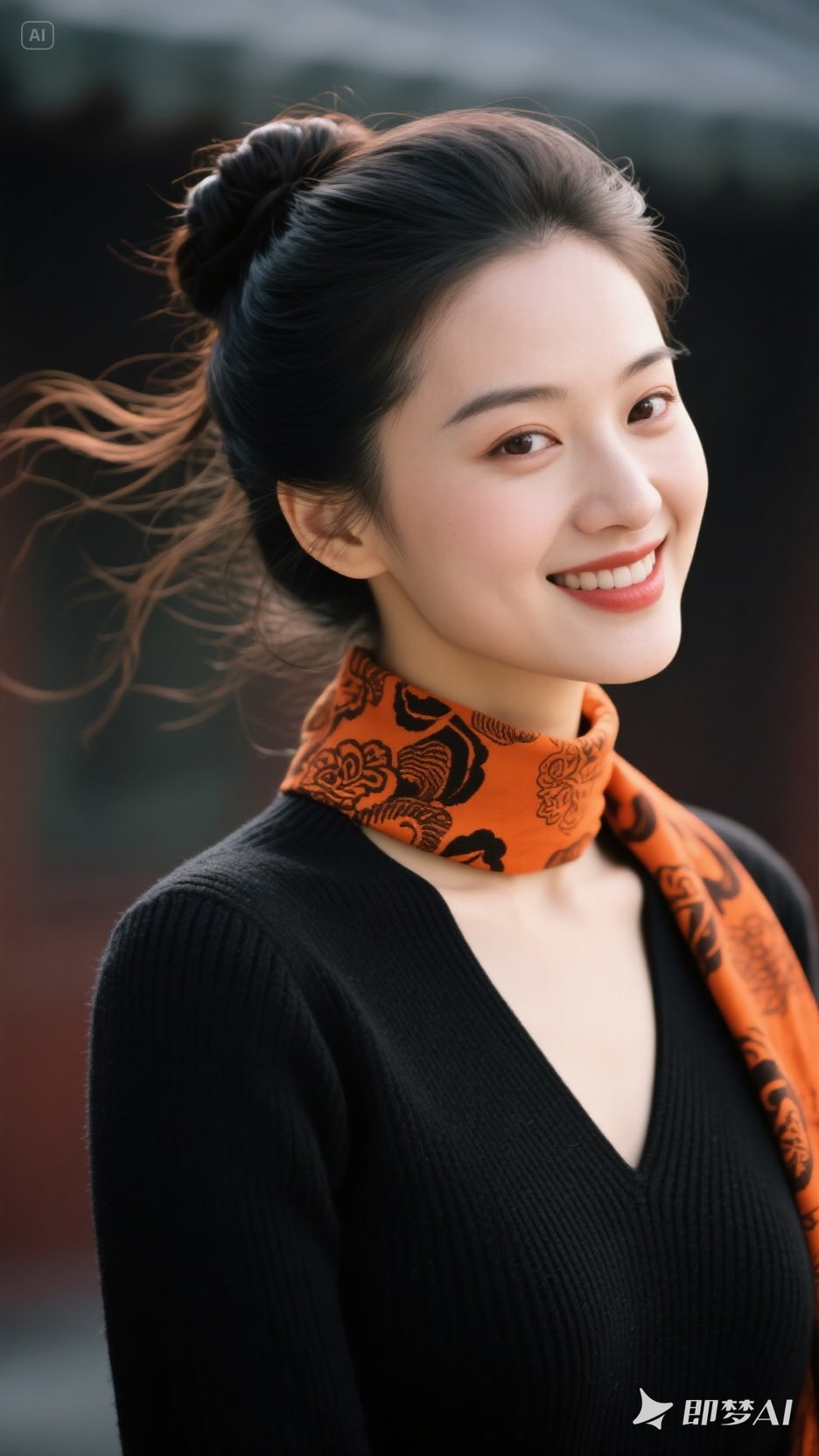 一条橙色围巾环绕颈间,其上黑色花纹精致,似蕴含着国风古韵
