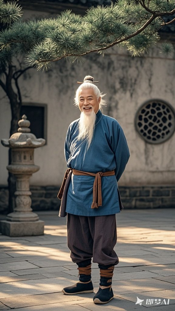 白发高束,簪子斜插,长须飘飘,嘴角噙笑
