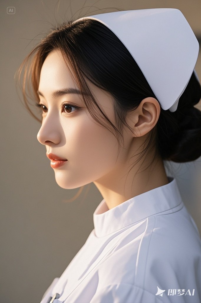 护士美女尽显温柔.燕尾帽衬着青丝,口罩半掩却藏不住眉眼的清澈