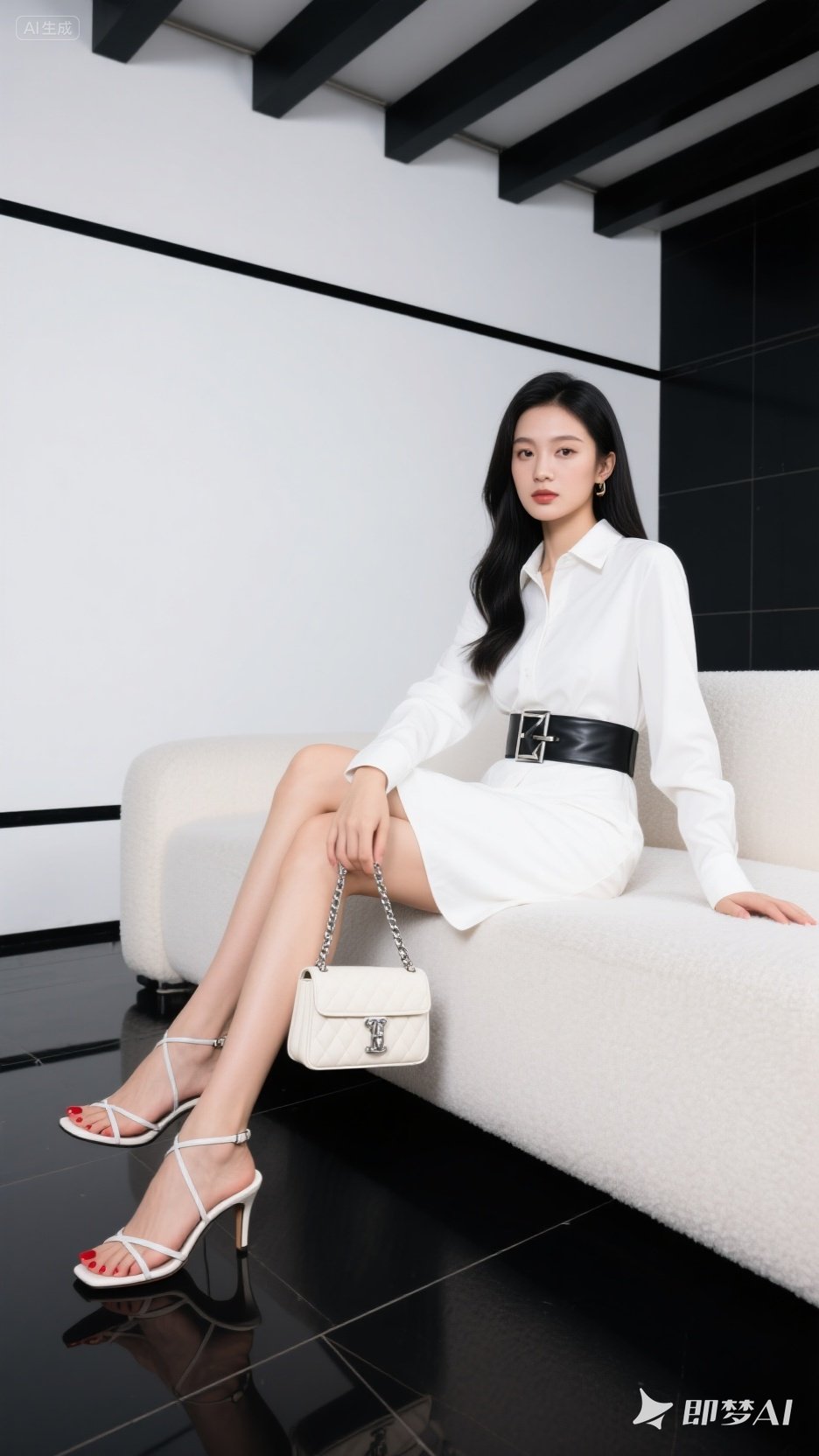 真丝白衬衫裙衬出优越身姿,黑皮带束腰,银链包轻搭膝头