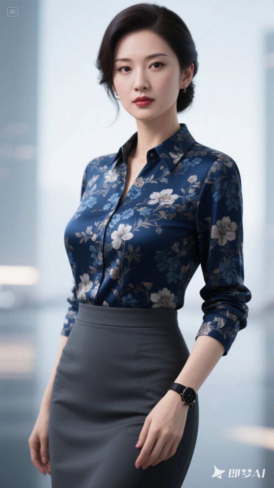 深蓝色碎花紧身衬衫勾勒傲人身材,深灰包臀裙尽显干练,腕间黑表增添