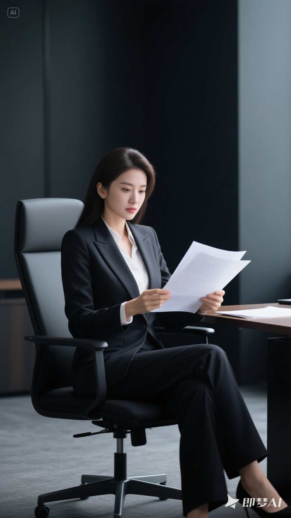 身姿挺拔的美丽总裁端坐于敞亮办公室,一袭剪裁利落的雾霾蓝西装套装