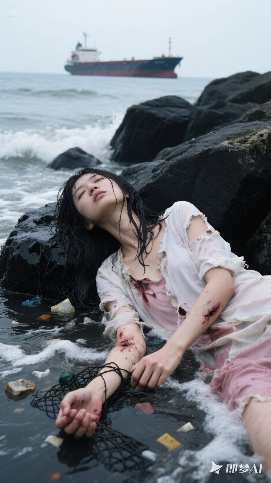 发丝沾满黏腻原油,每一次微弱呼吸都裹挟着刺鼻柴油味