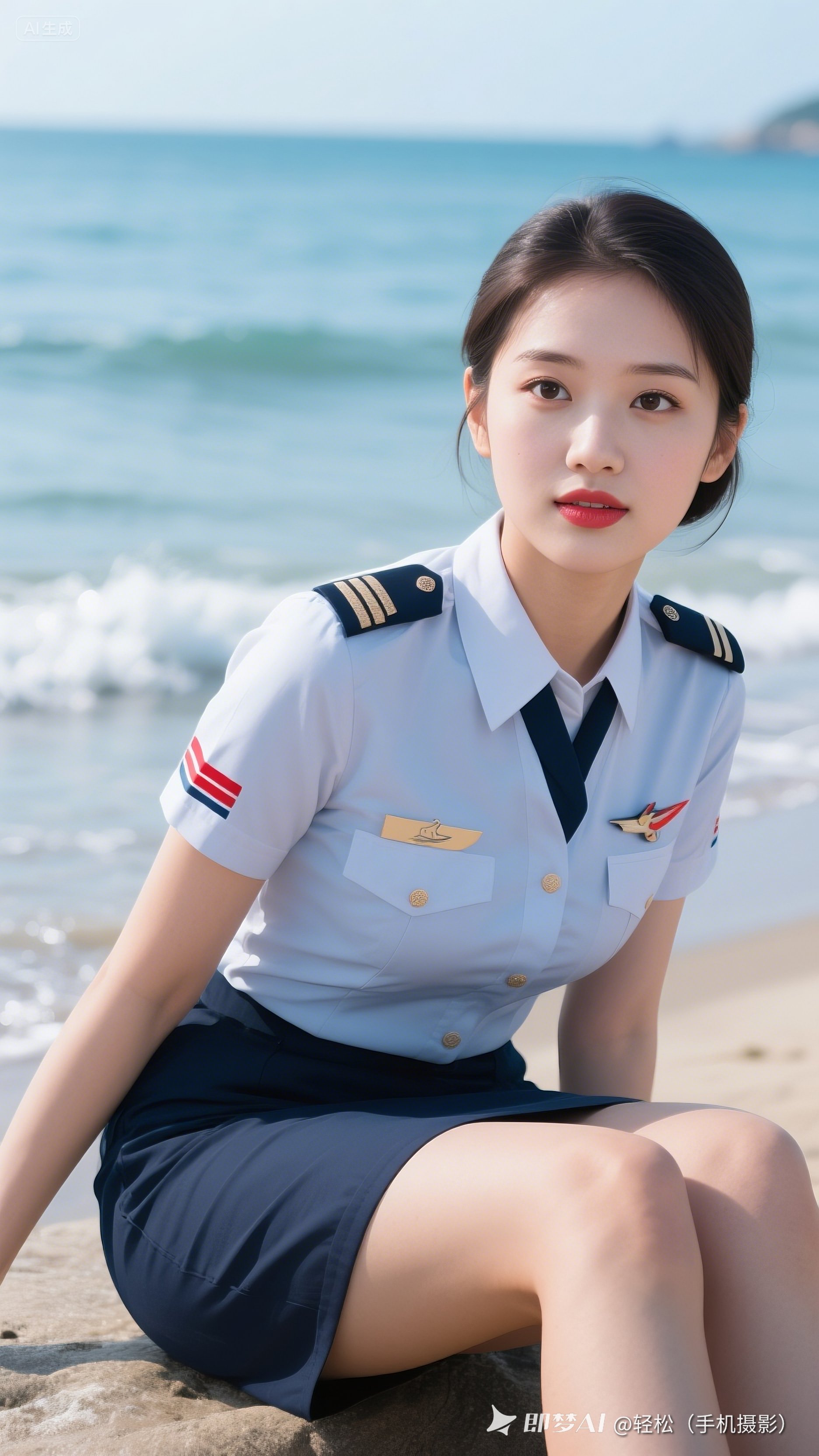 娇小身影静坐在礁石上,空姐制服笔挺,蓝白条纹在暮色里泛着柔光