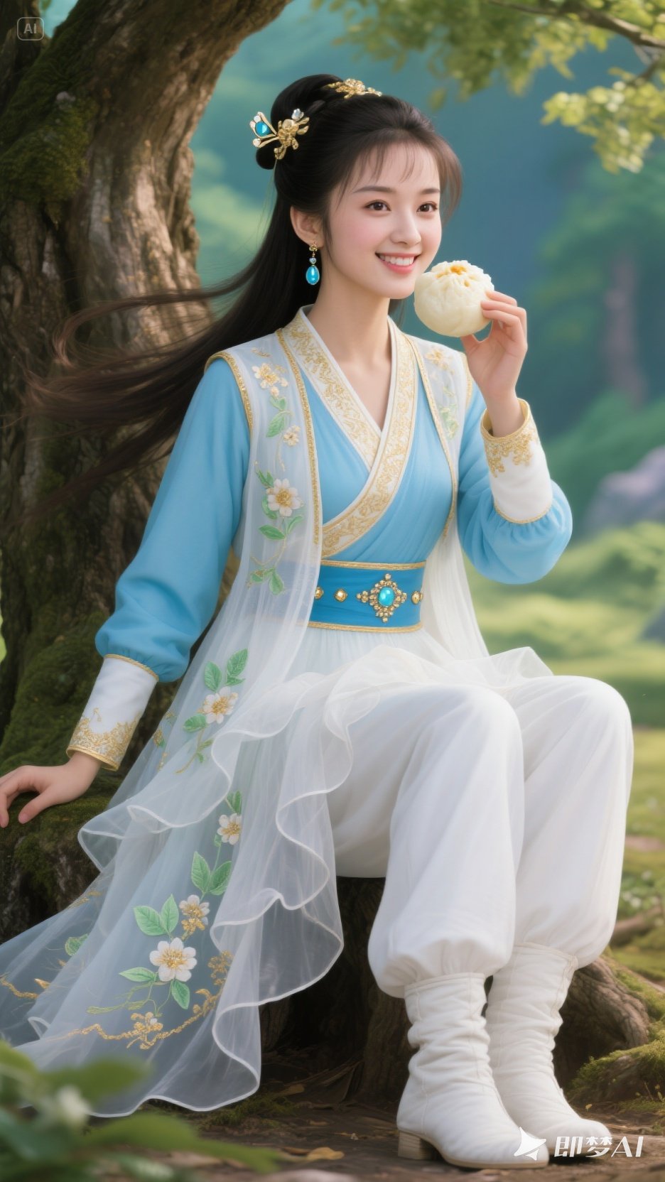 云鬓间金饰钻石交辉,耳畔蓝白宝石耳环闪耀