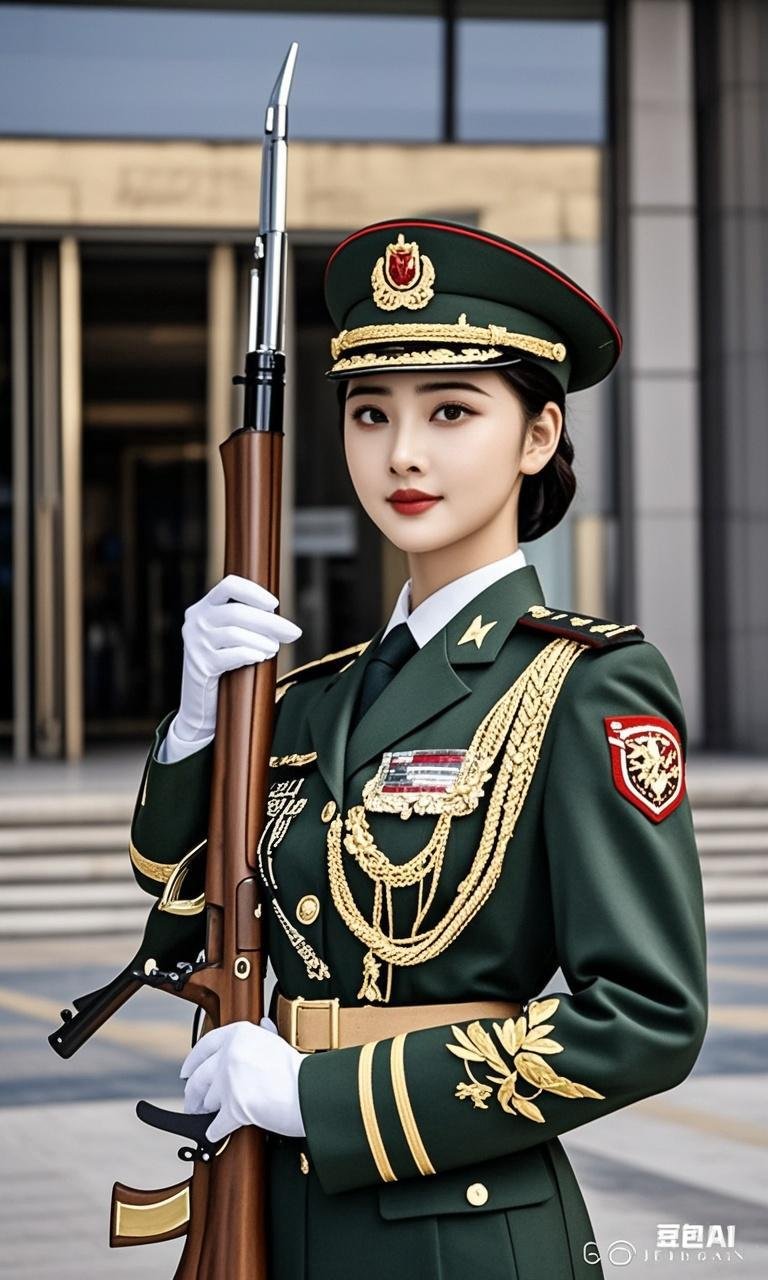 她身着笔挺军装,肩披金色绶带,勋章熠熠生辉