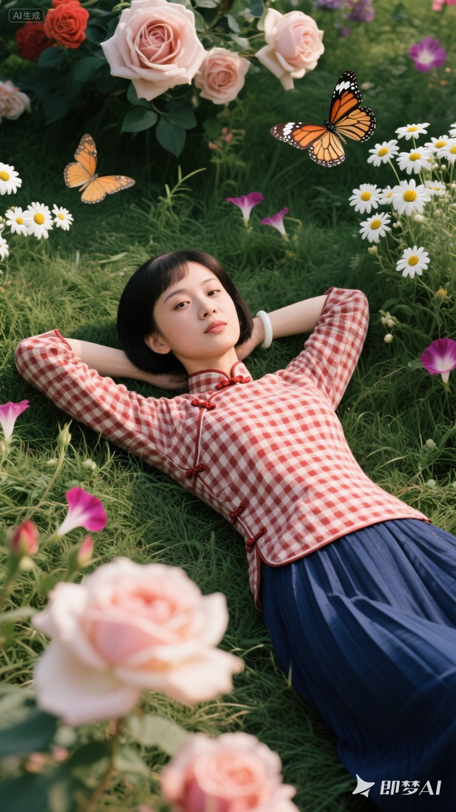 她红白格斜襟短袄裹着丰盈曲线,深蓝百褶裙铺在草地