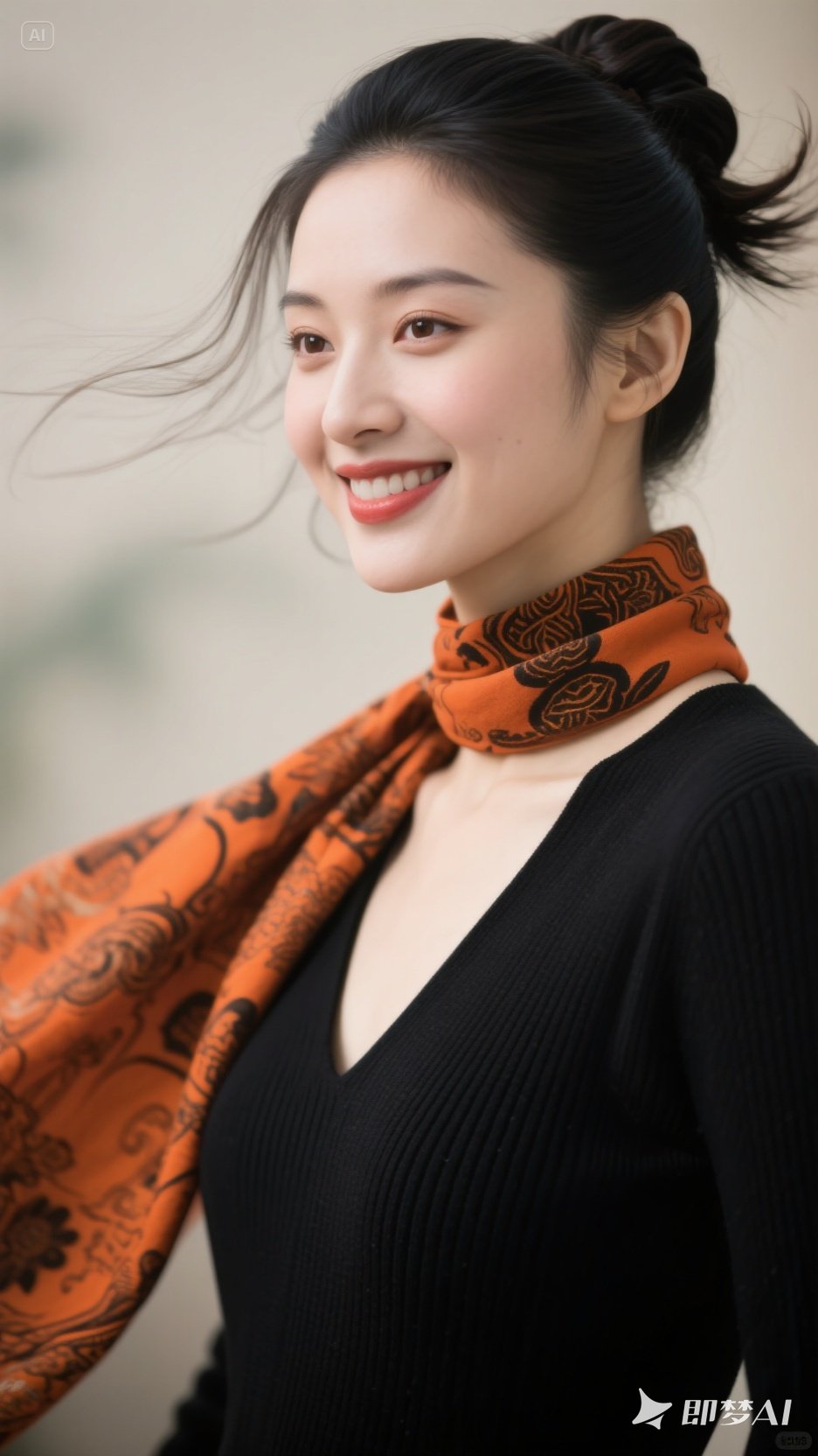 一条橙色围巾环绕颈间,其上黑色花纹精致,似蕴含着国风古韵