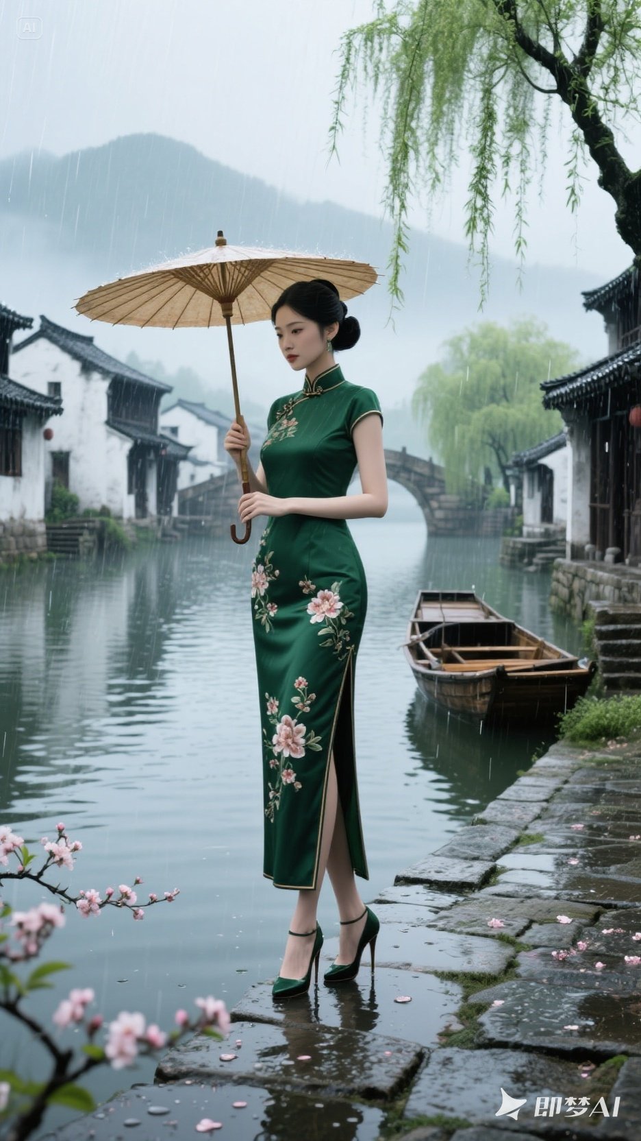 江南水乡春雨如诗.远山薄雾缥缈,河流涟漪轻泛,白墙黑瓦村落静立