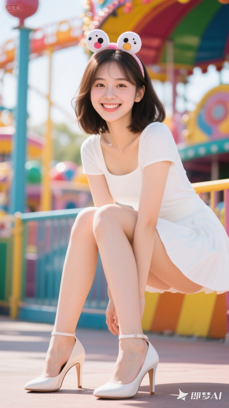 游乐园里,清纯美女双腿交叉近身而坐