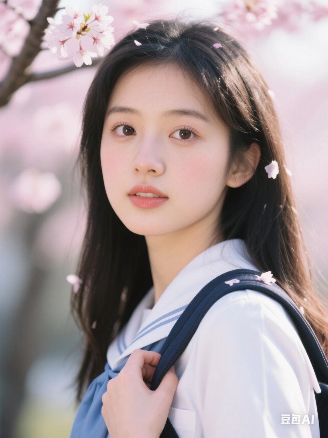 指尖轻卷书包带,流露少女的羞涩与温柔,定格这美好初中女生回眸一笑