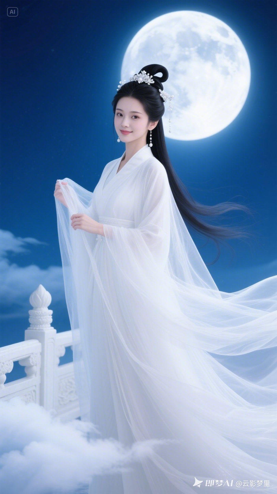 黑色云髻缀白色珠玉,发丝与衣袂随风轻扬