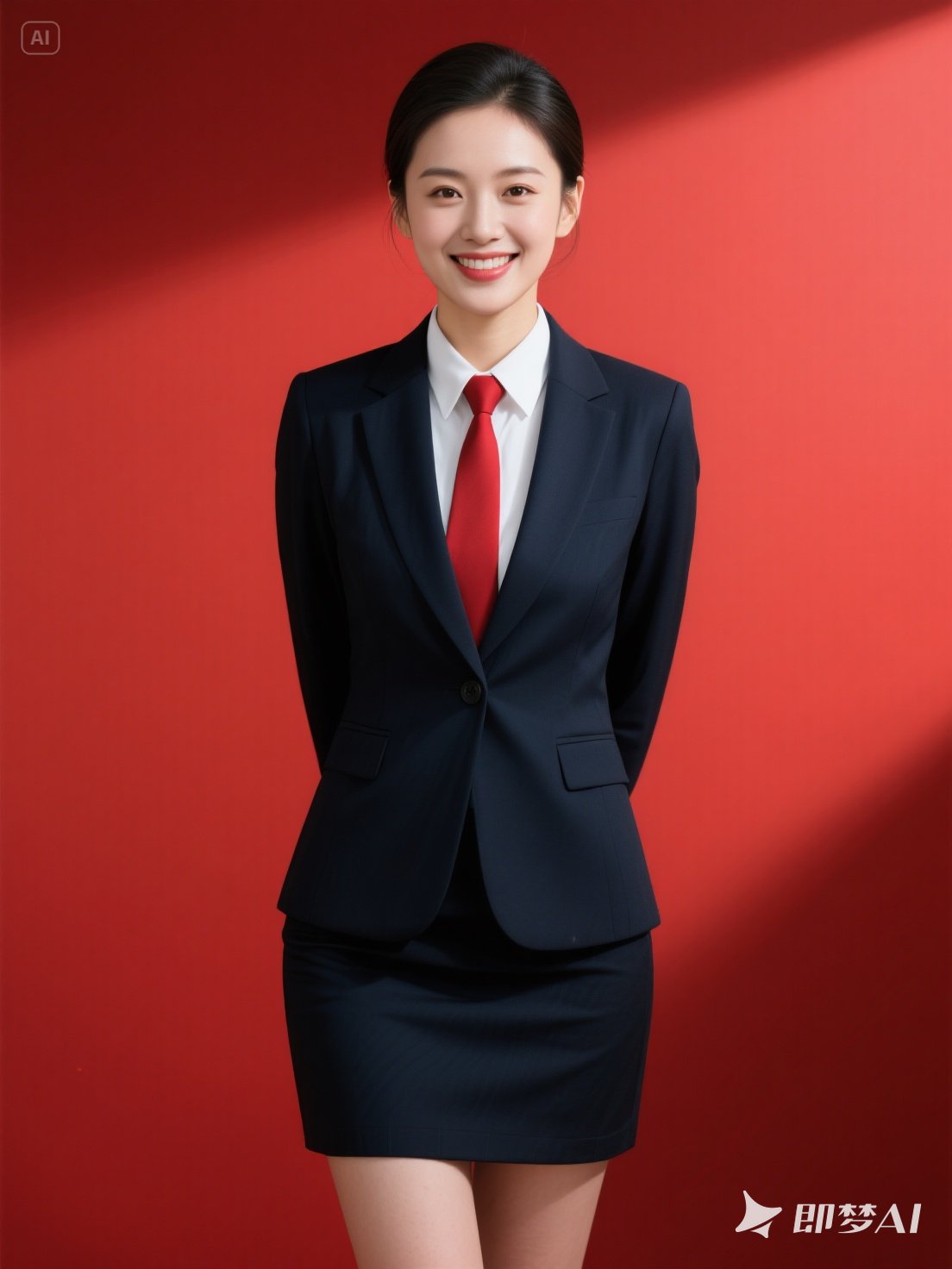 她身着藏青或黑色商务套装,内搭白衬衫,系红色领带,下身小裤,发型整齐