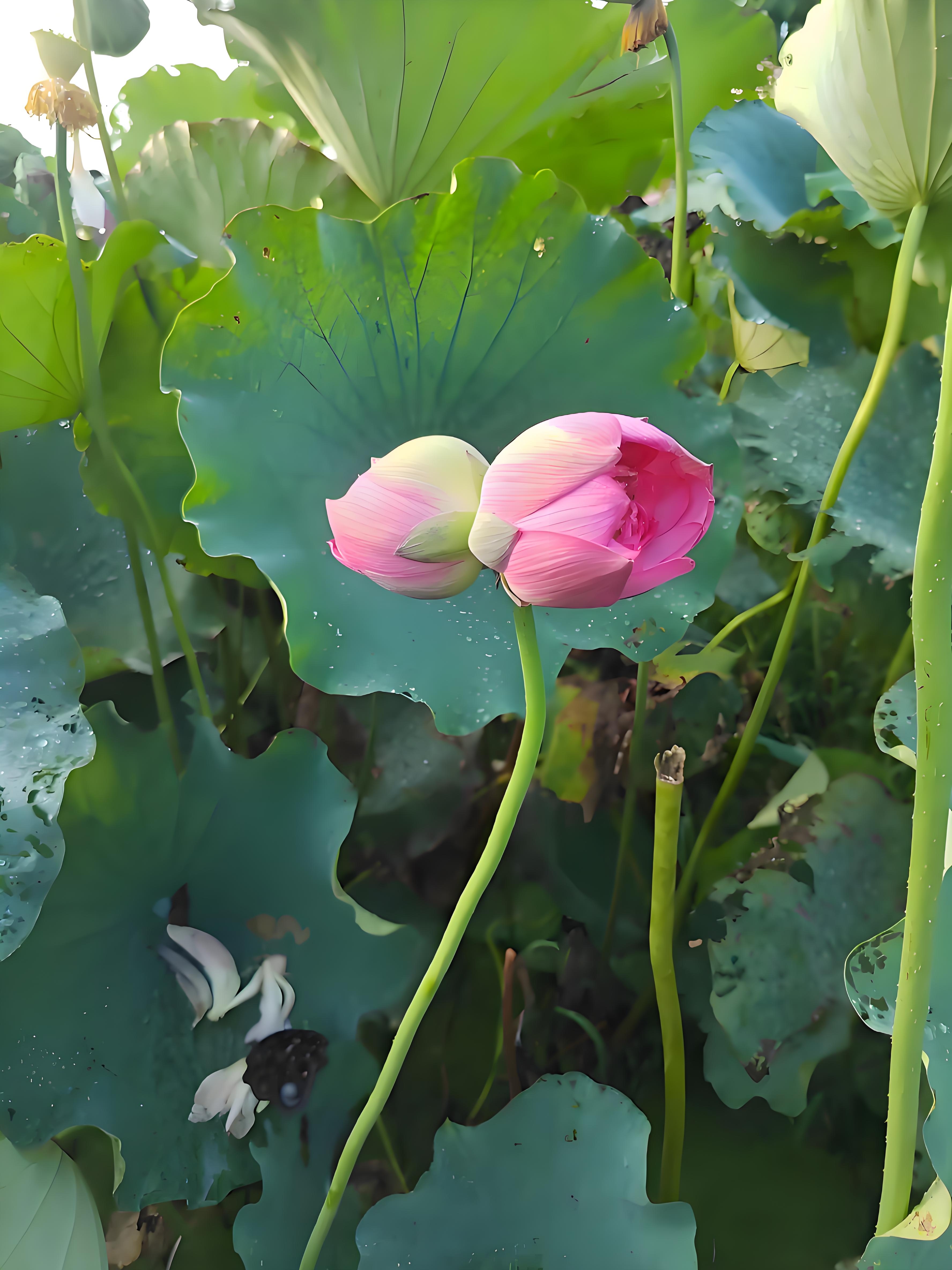 七律·并蒂荷花(新韵)  池塘两朵荷花拥,抱体婀娜立水中.