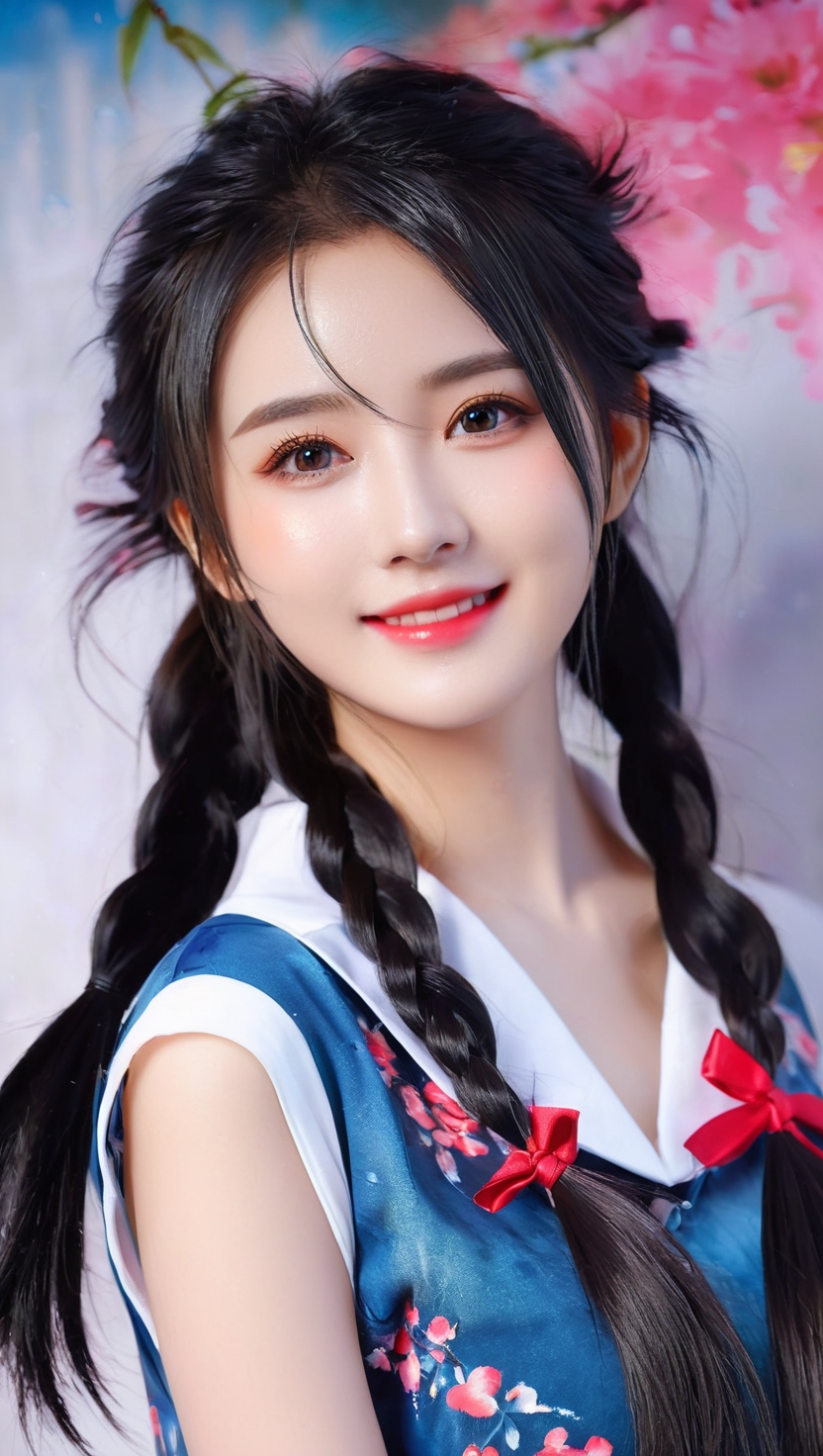 夏日泳池边的清凉少女,双马尾辫,白蓝相间的裙摆,洋溢着青春的气息.