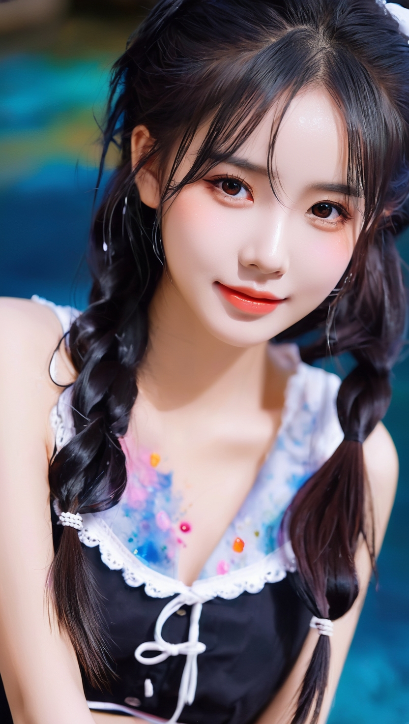 夏日泳池边的清凉少女,双马尾辫,白蓝相间的裙摆,洋溢着青春的气息.