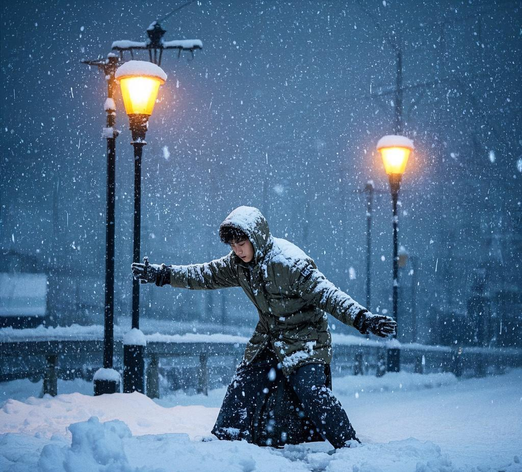 风雪夜归人         寒夜笼罩着大地,凛冽的风裹挟着雪花,在空中肆意