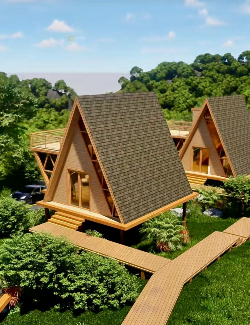 今日偶遇一幢精致小木屋,三角形结构别具一格,深色瓦片覆盖的屋顶与浅