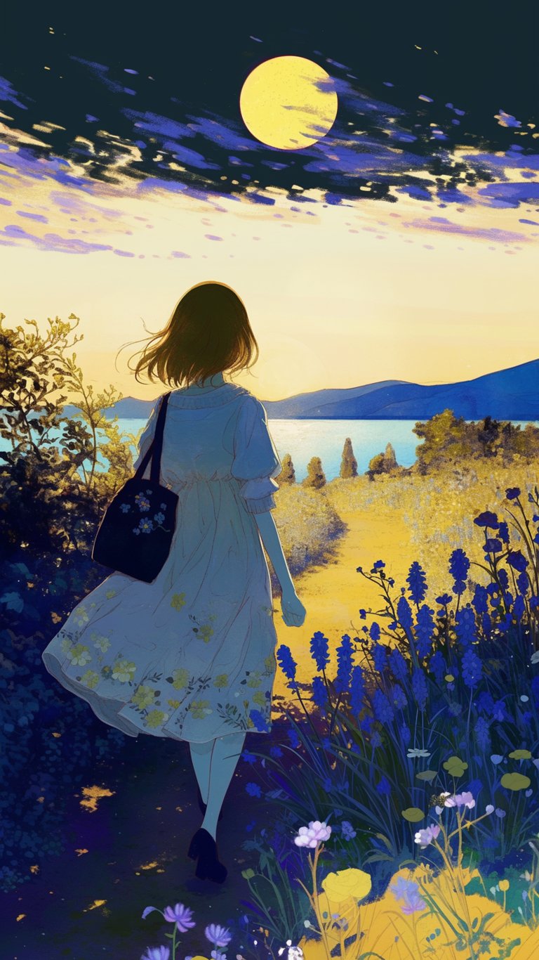 "独自走在花田小径,夕阳下的她,背影轻柔,仿佛能闻到花香,听到风的
