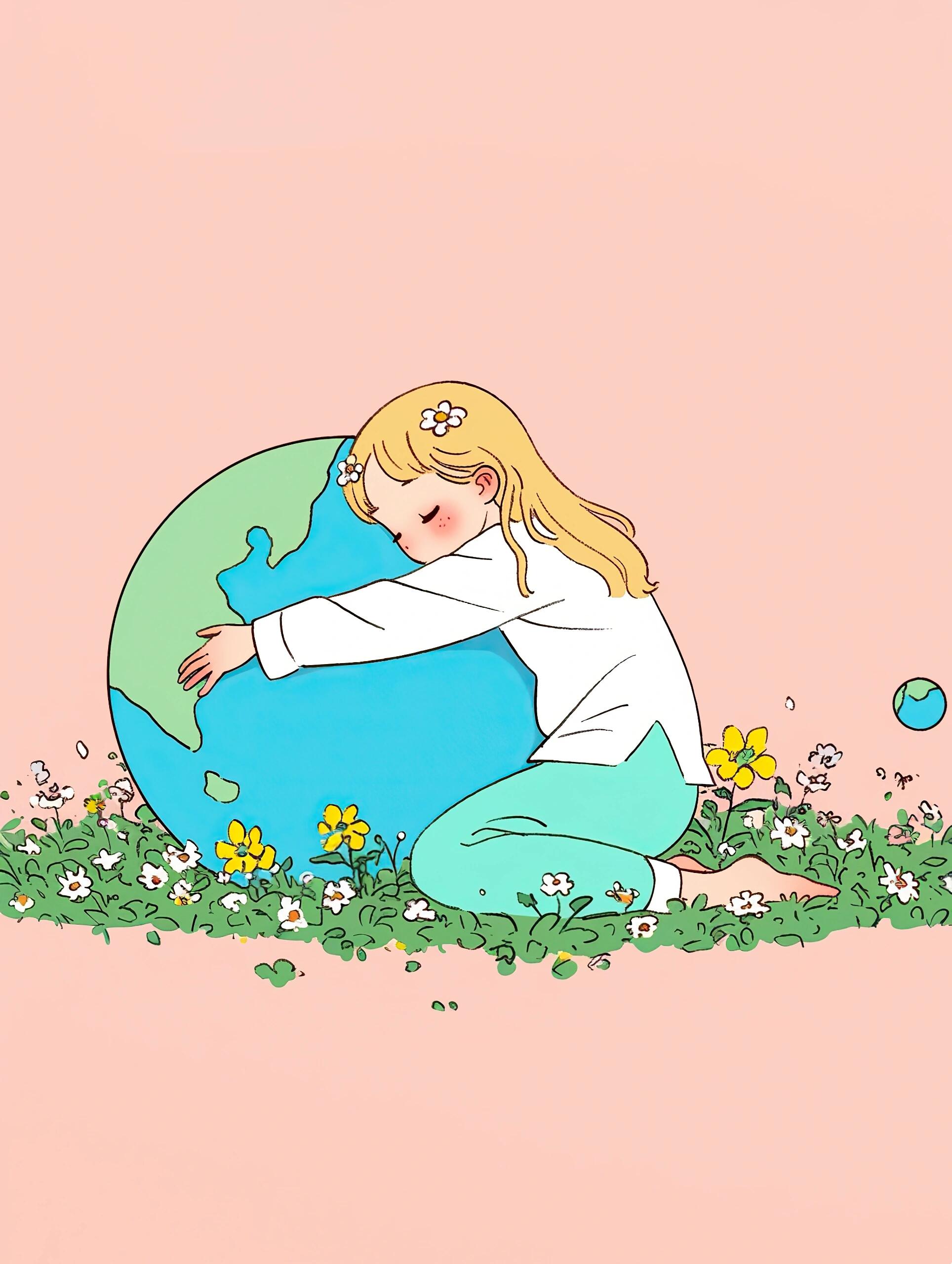 女孩与地球的温柔拥抱