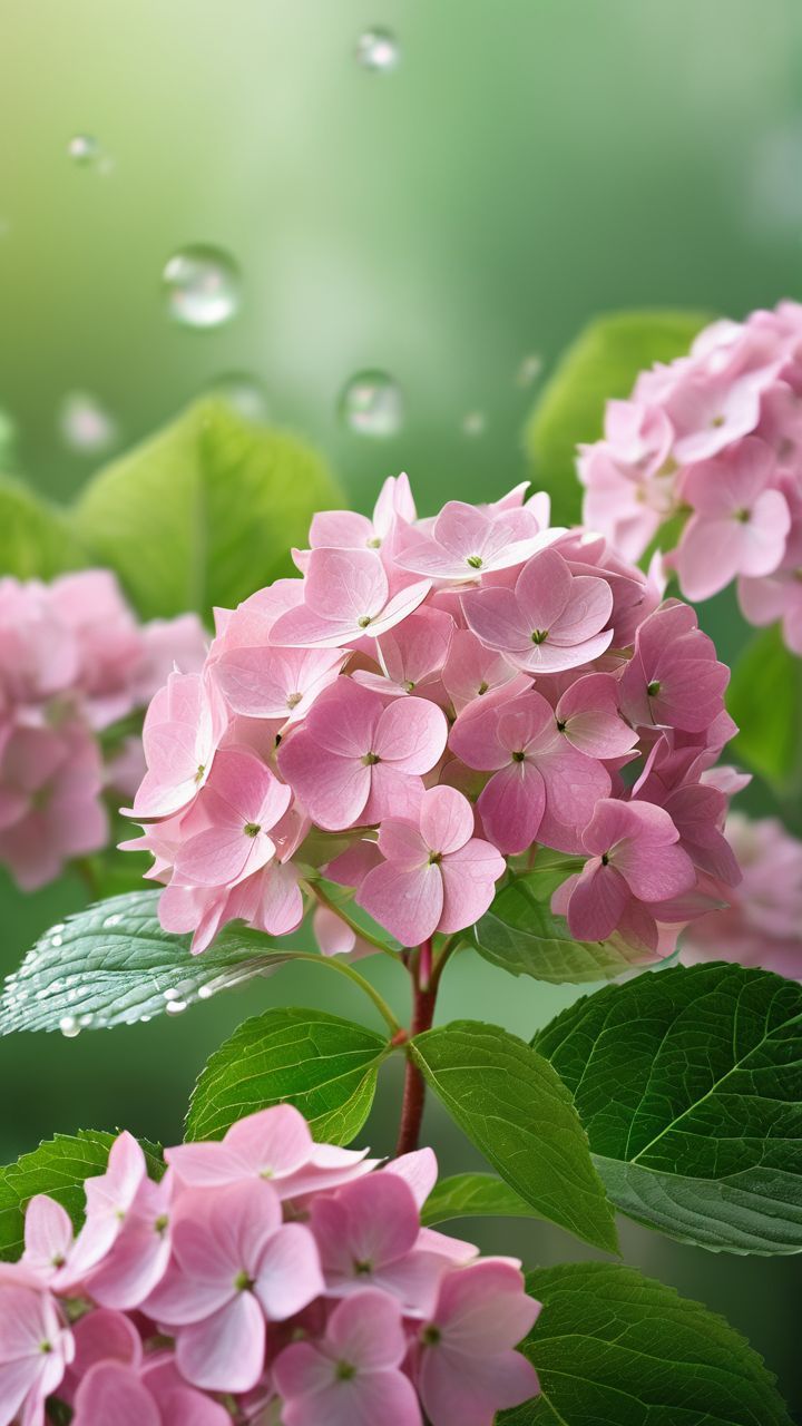 粉色的绣球花,绿叶如翡翠般透亮,粉花如少女般娇羞.