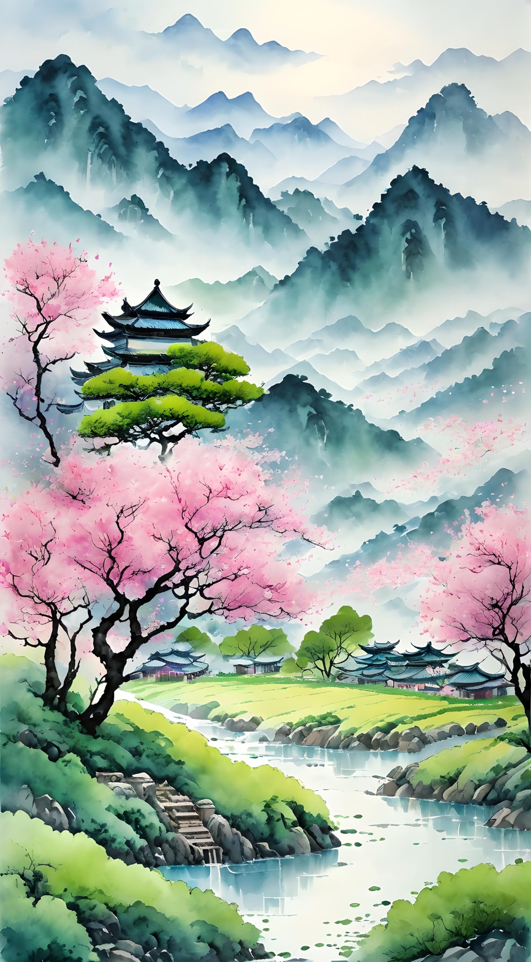 画面中的建筑群诉说着千年的故事,樱花树下,是时光轻抚的温柔.