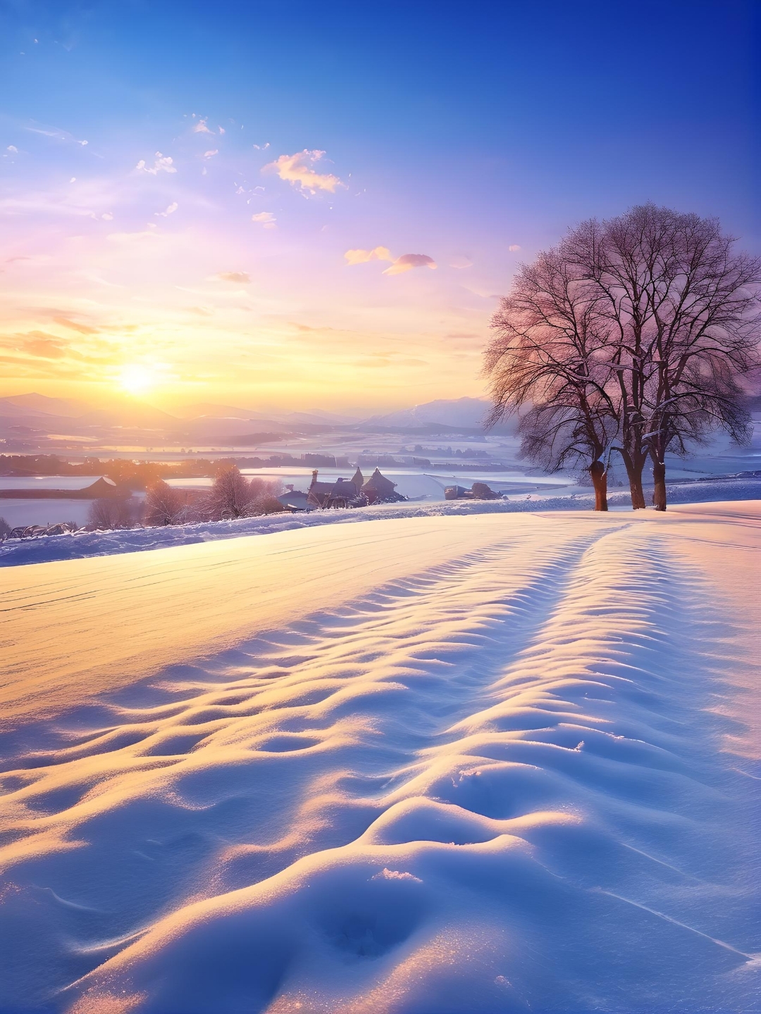 太阳从山后探出头,暖暖的光洒在雪地上,金灿灿的,树枝挂满了雪,像童话