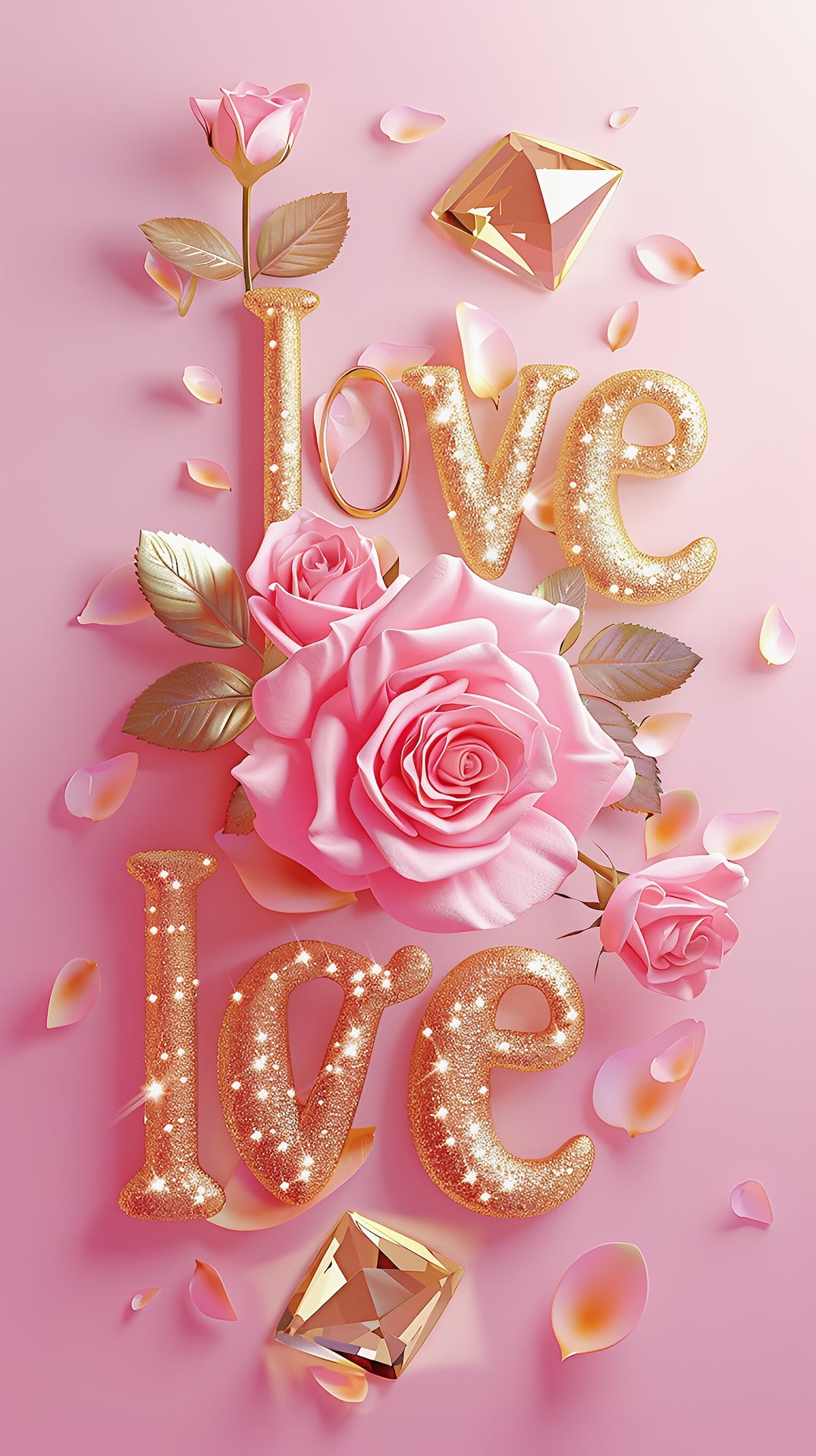 粉色背景温柔又浪漫,中央的金色"love"字母仿佛闪耀着爱的光芒,上面