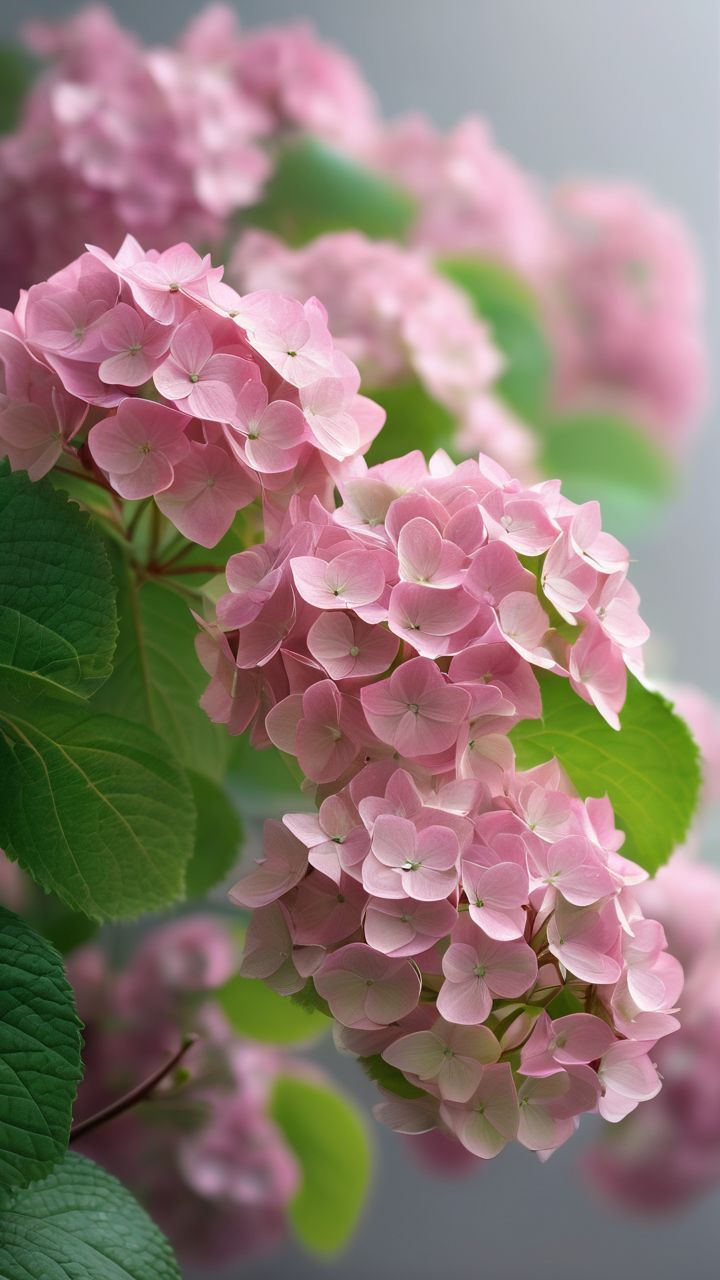 粉色的绣球花,绿叶如翡翠般透亮,粉花如少女般娇羞.