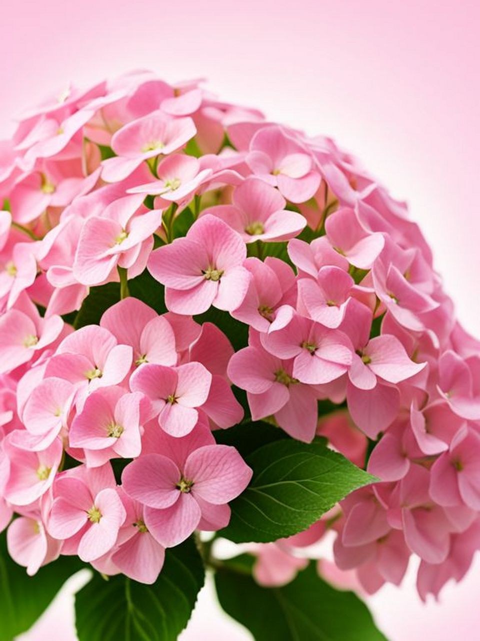 粉色的绣球花,绿叶如翡翠般透亮,粉花如少女般娇羞.