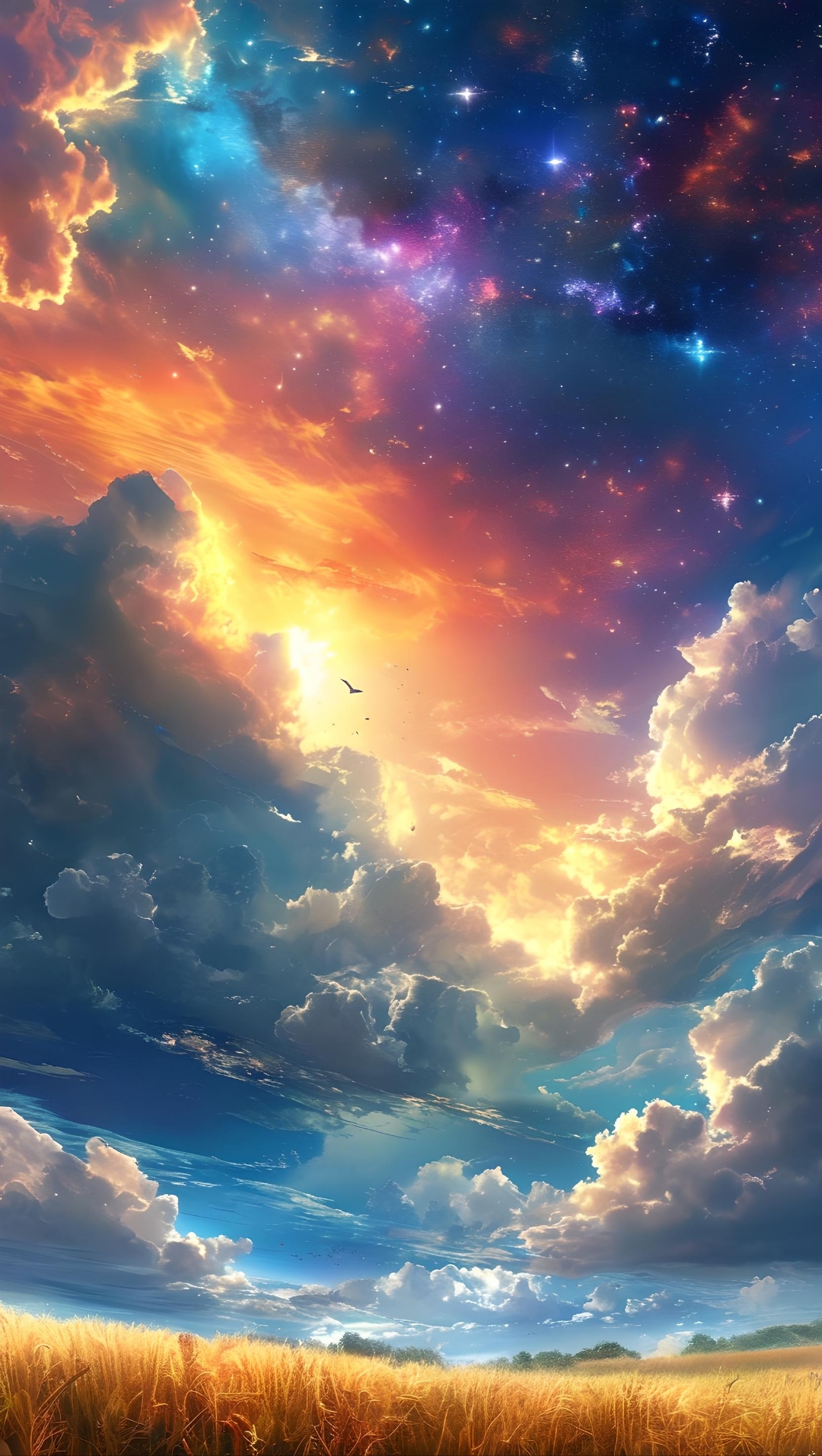 绚烂的云霞在天空燃烧,星星点点的光芒洒落其间,仿佛一幅梦幻的画卷