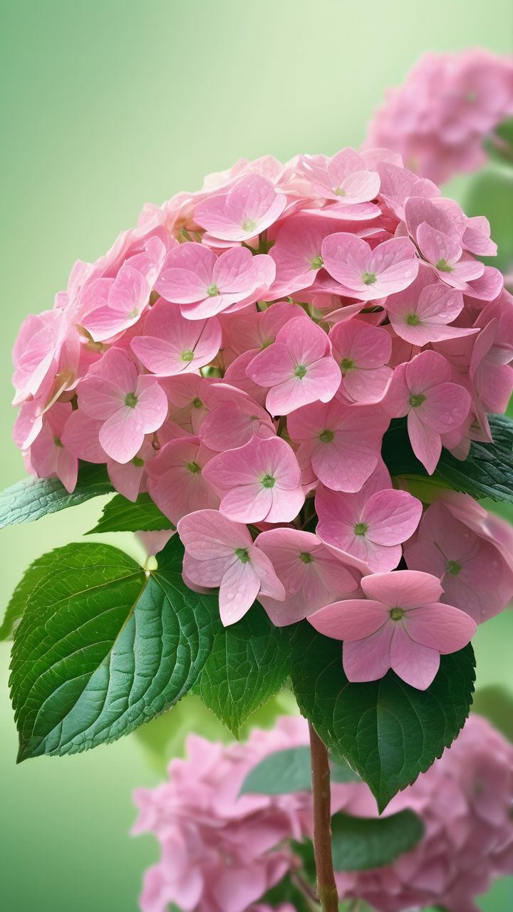 粉色的绣球花,绿叶如翡翠般透亮,粉花如少女般娇羞.