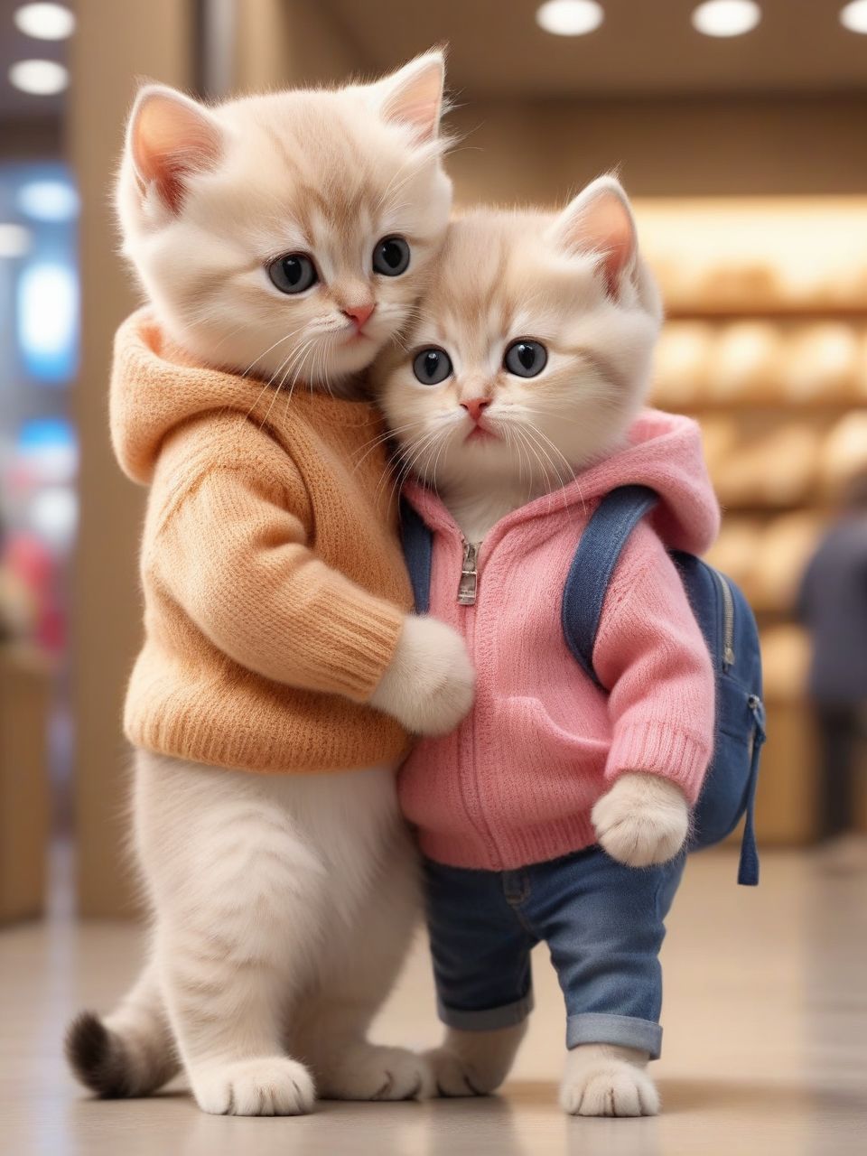 甜蜜的小时光#素材#  95两只小猫,毛衣牛仔裤,站在面包店前,仿佛在