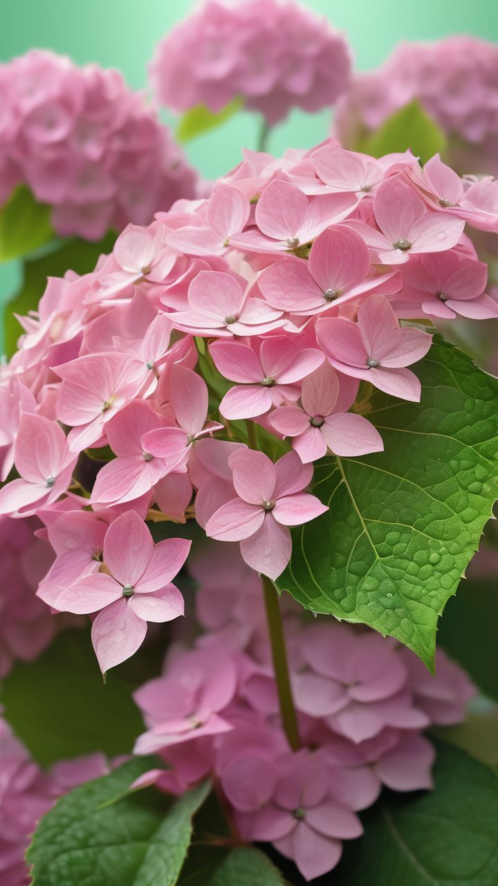 粉色的绣球花,绿叶如翡翠般透亮,粉花如少女般娇羞.