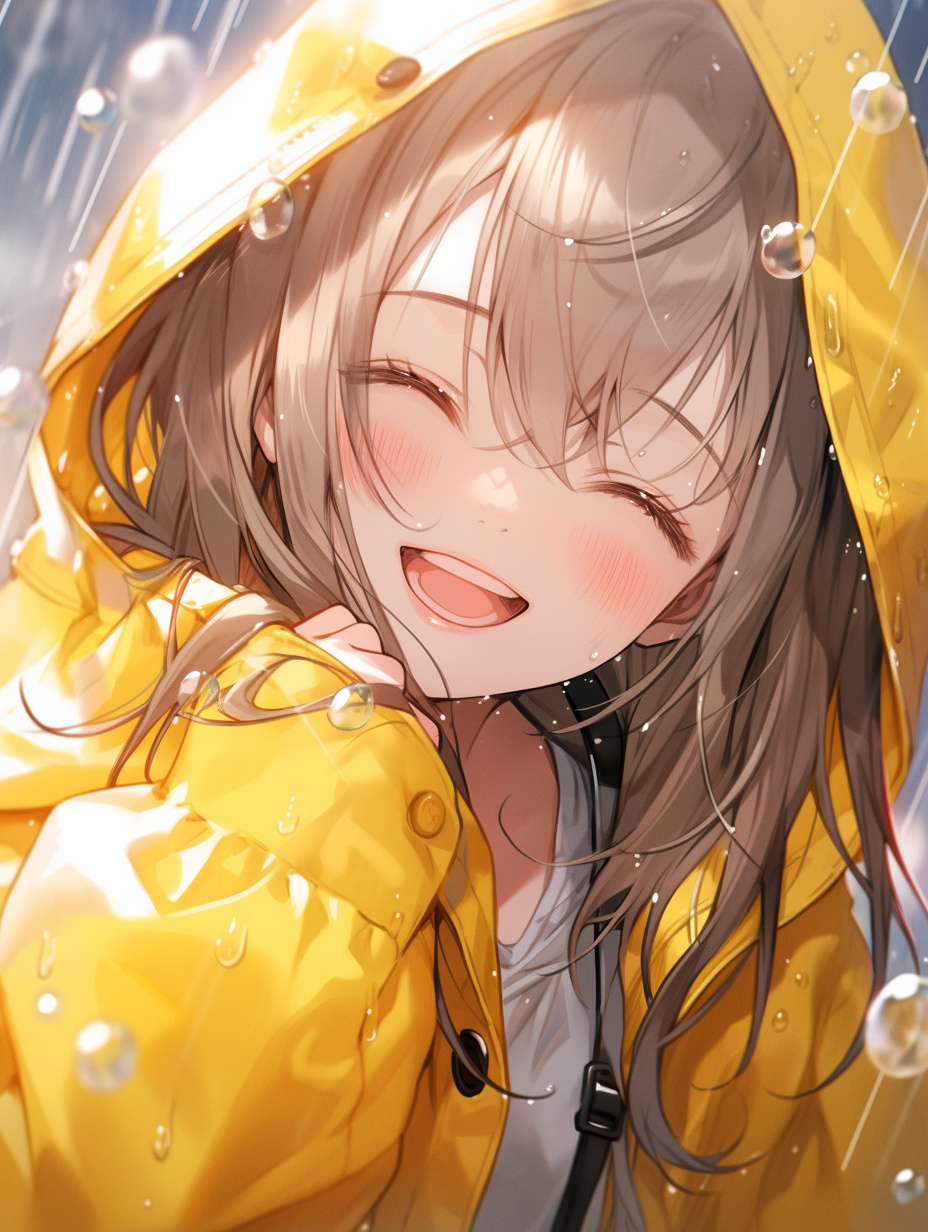 雨里穿着黄色雨衣微笑的女孩#ai绘画#  #可爱的女孩#  #微笑