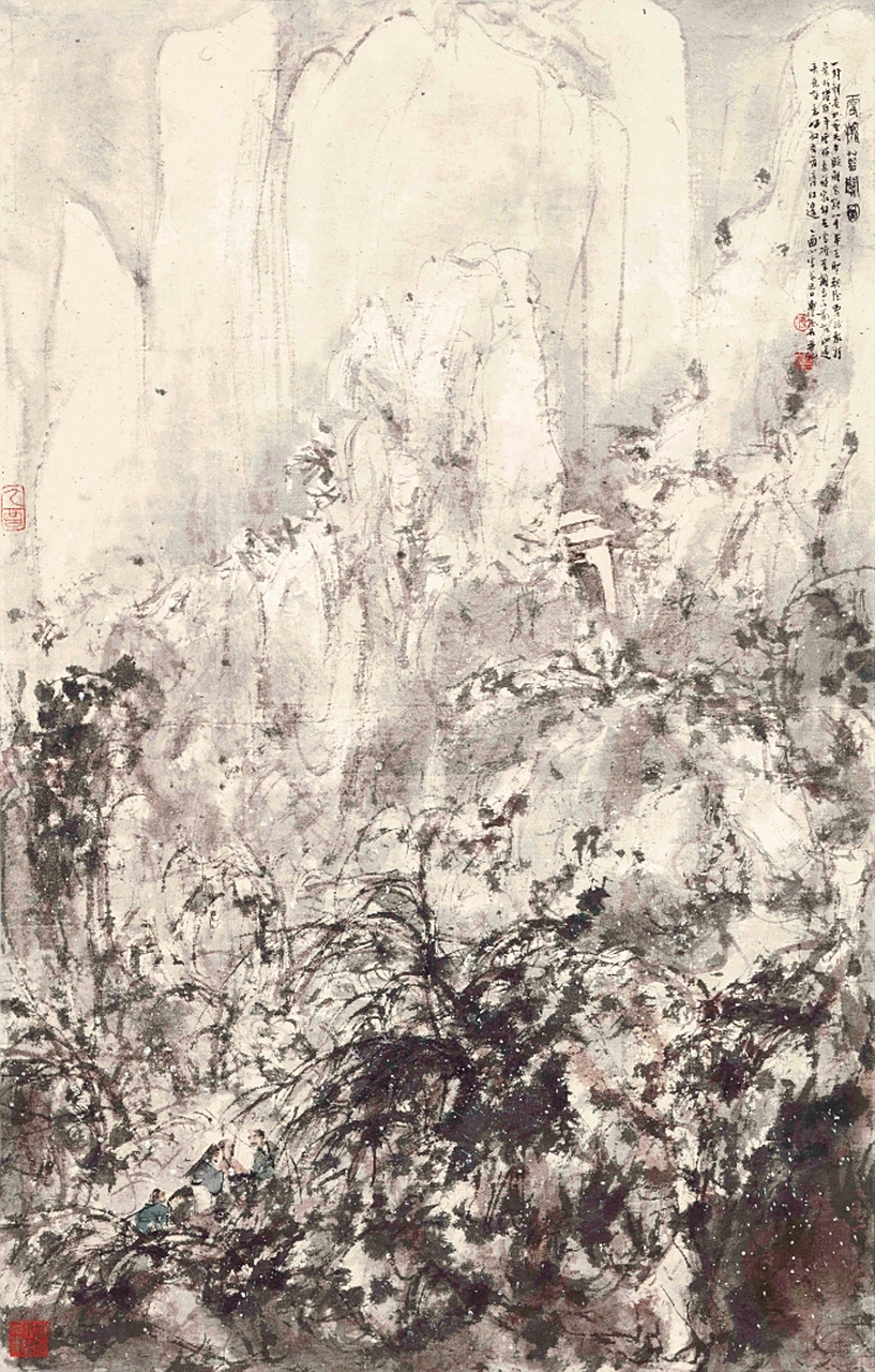 傅抱石喜爱采纳历史故实入画,本幅乃据唐代韩愈诗句而写.