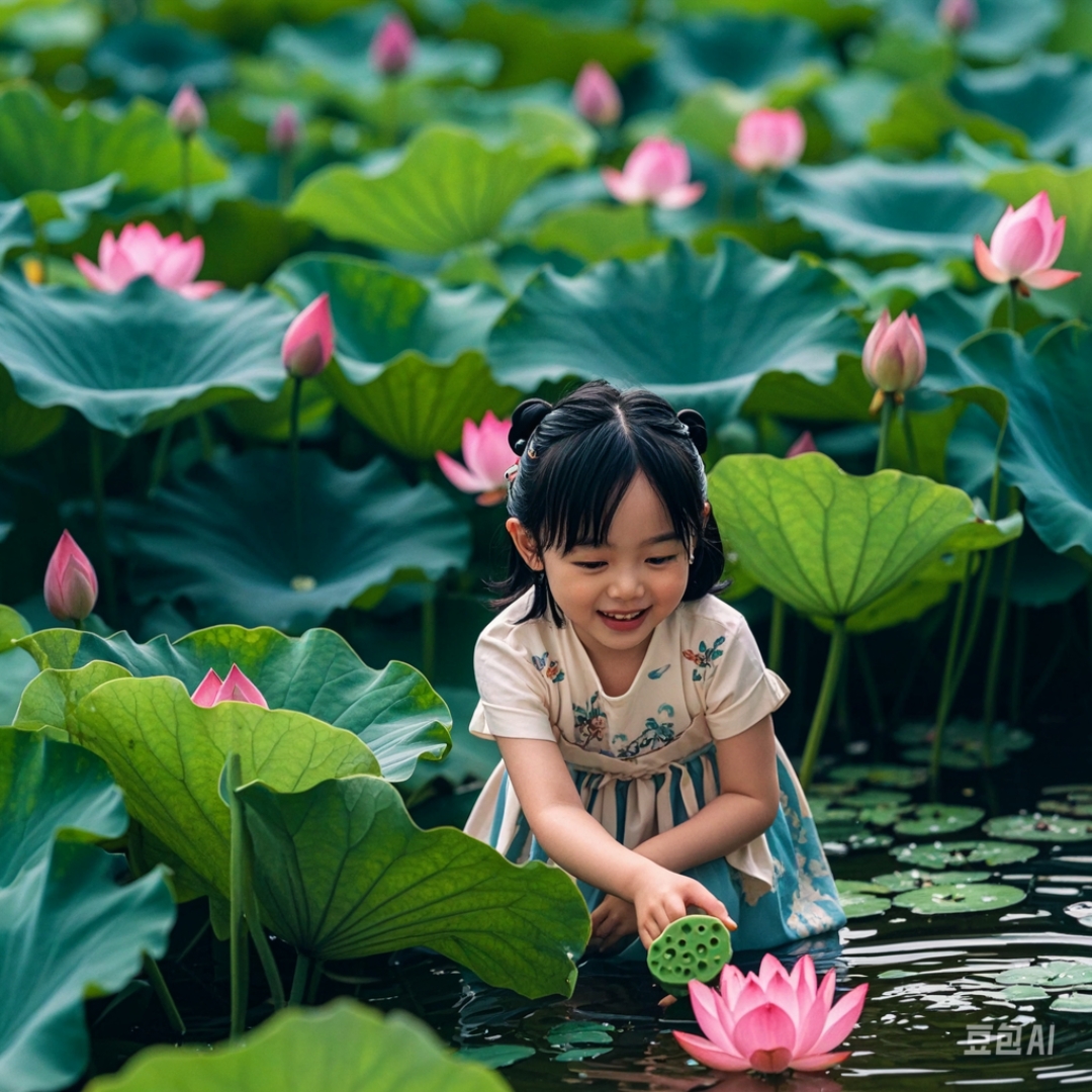 采莲 彩裙娇影荷间现, 稚手轻拈并蒂莲.