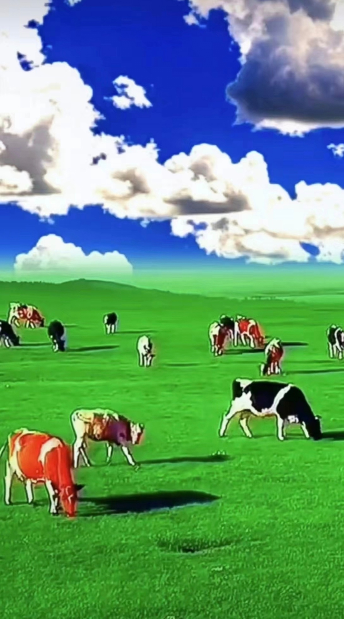 七律:草原美景(三首)  其一,观牛群悠然吃草  草色青青映日边,  牛群