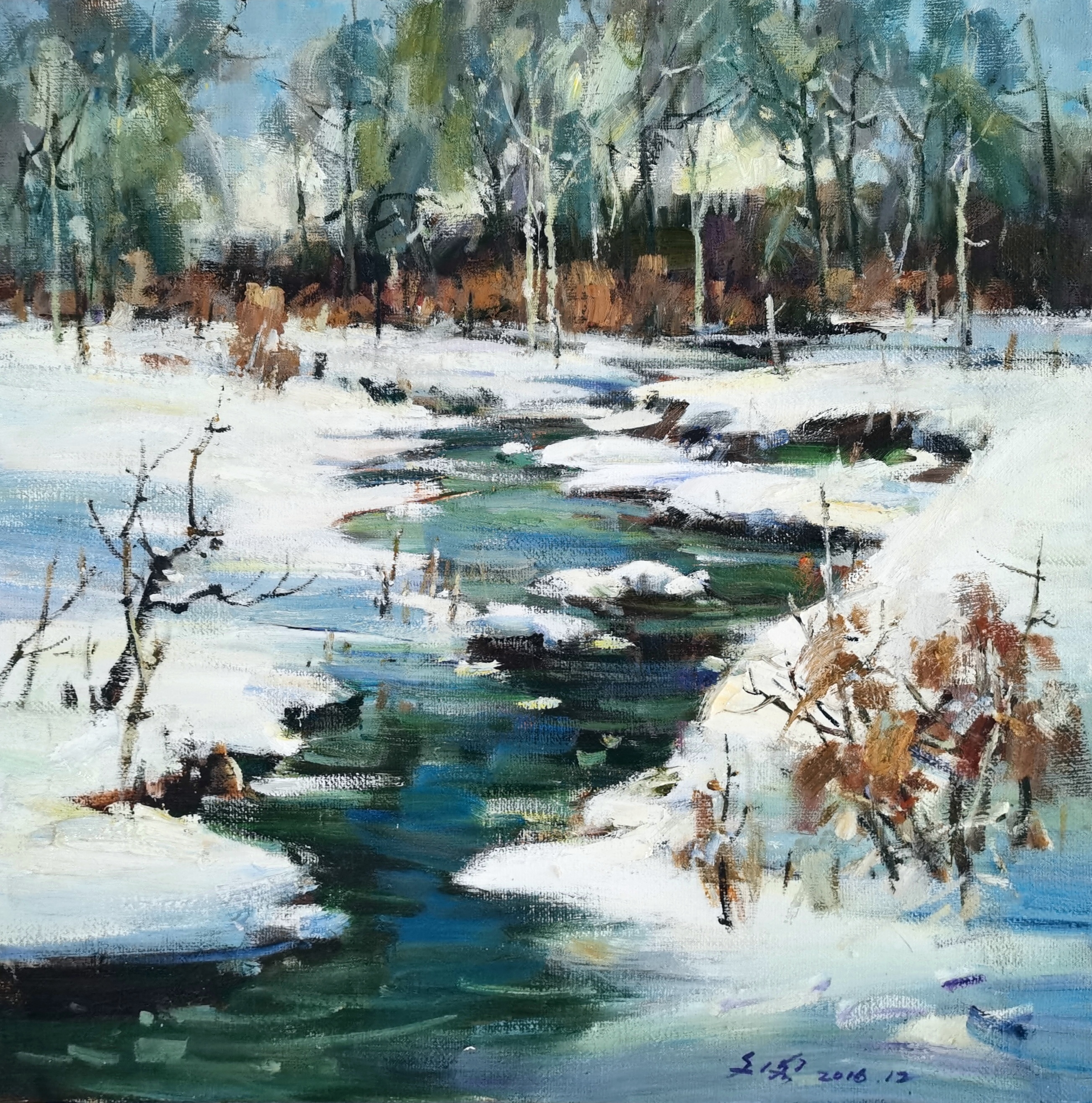 小河雪景 油画 100cm/100cm