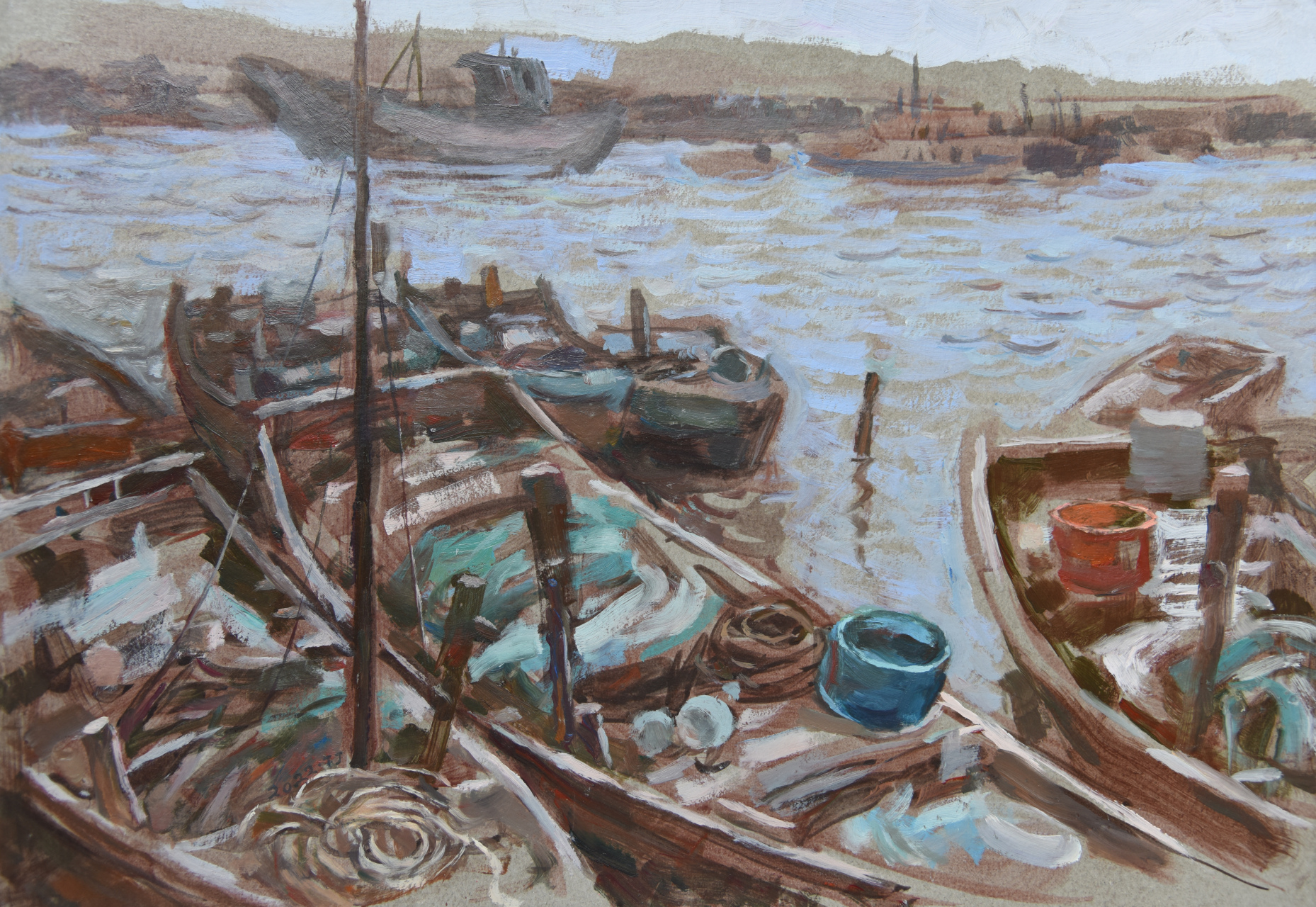 《渔港码头》 油画习作           滕铁军绘 渔民以海为生,风里来,雨