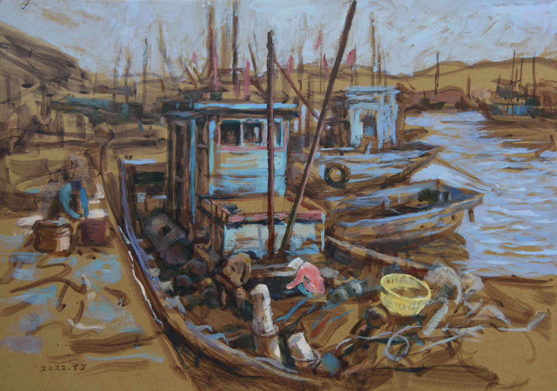 《渔港码头》 油画习作           滕铁军绘 渔民以海为生,风里来,雨